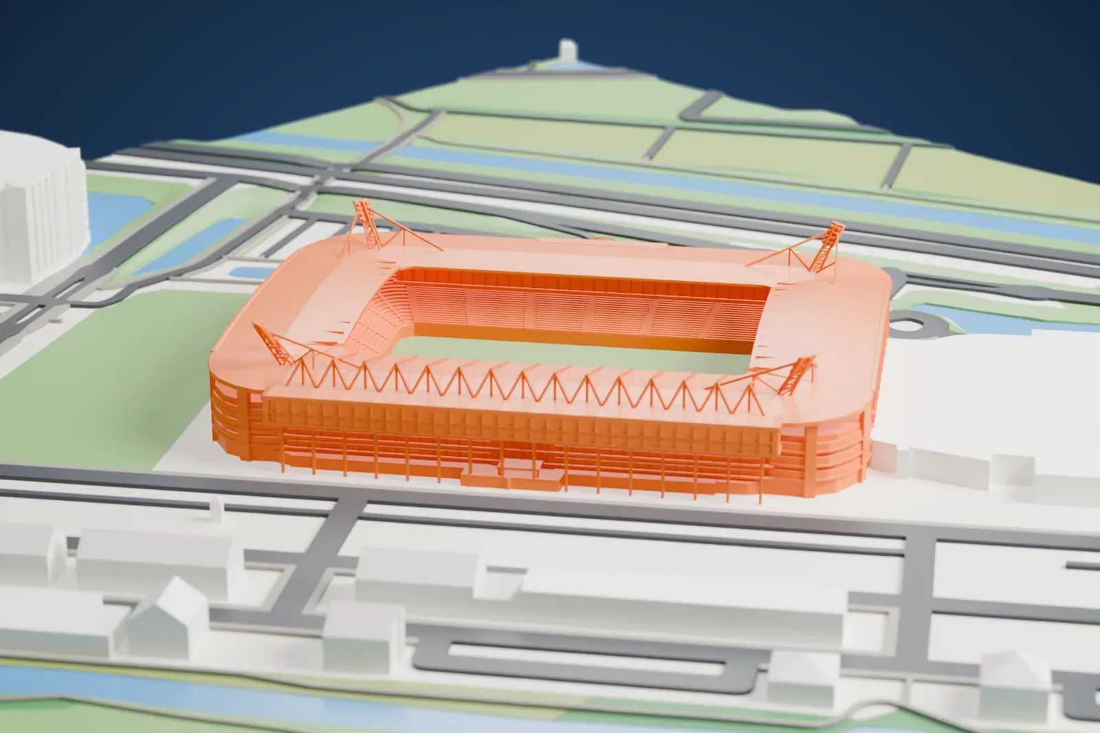 A white 3D print of Abe Lenstra Stadion, a four-sided football bowl with open roof frames and corner lights, surrounded by the town of Heerenveen.