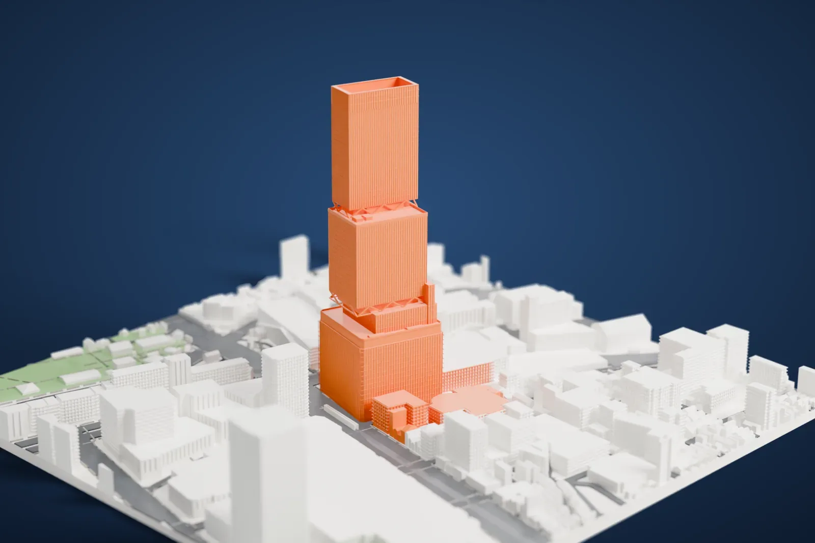 A white 3D print of Abeno Harukas, a stepped skyscraper rising above a dense district of mid-rise buildings and busy roads.