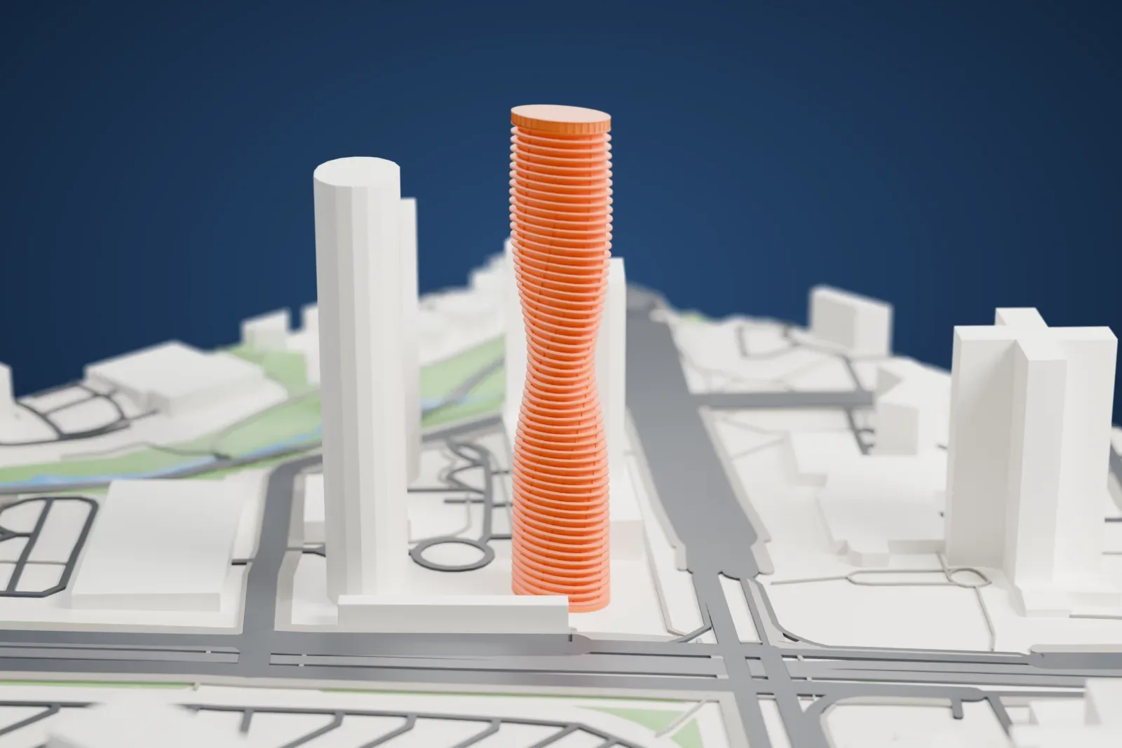A white 3D print of the Absolute World towers, two tall residential high-rises, among the surrounding streets and buildings of Mississauga.