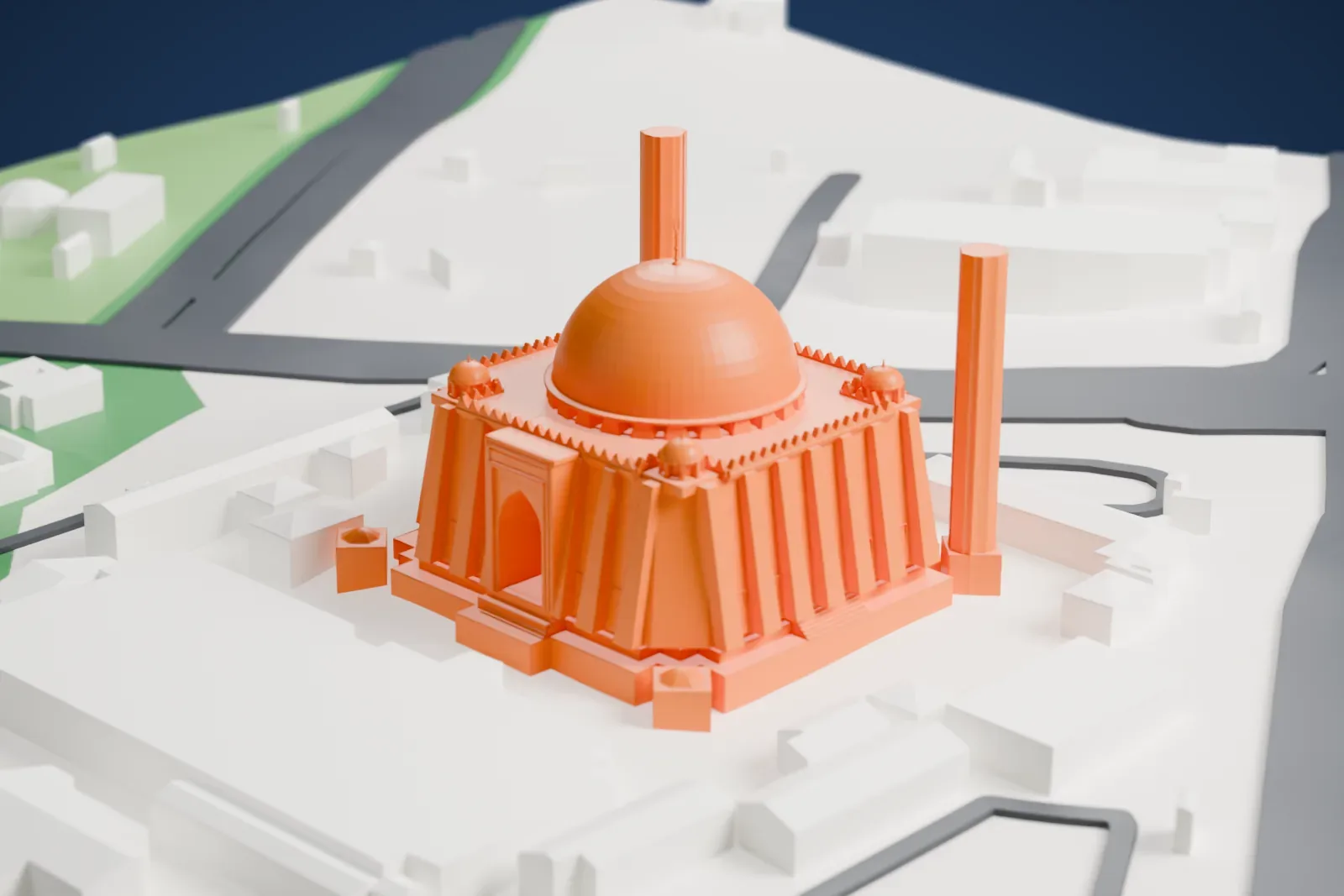 A white 3D print of the Abuja National Mosque, a large domed mosque with four small corner domes and sloping fluted walls, with tall slender towers beside it and low buildings and roads around it.
