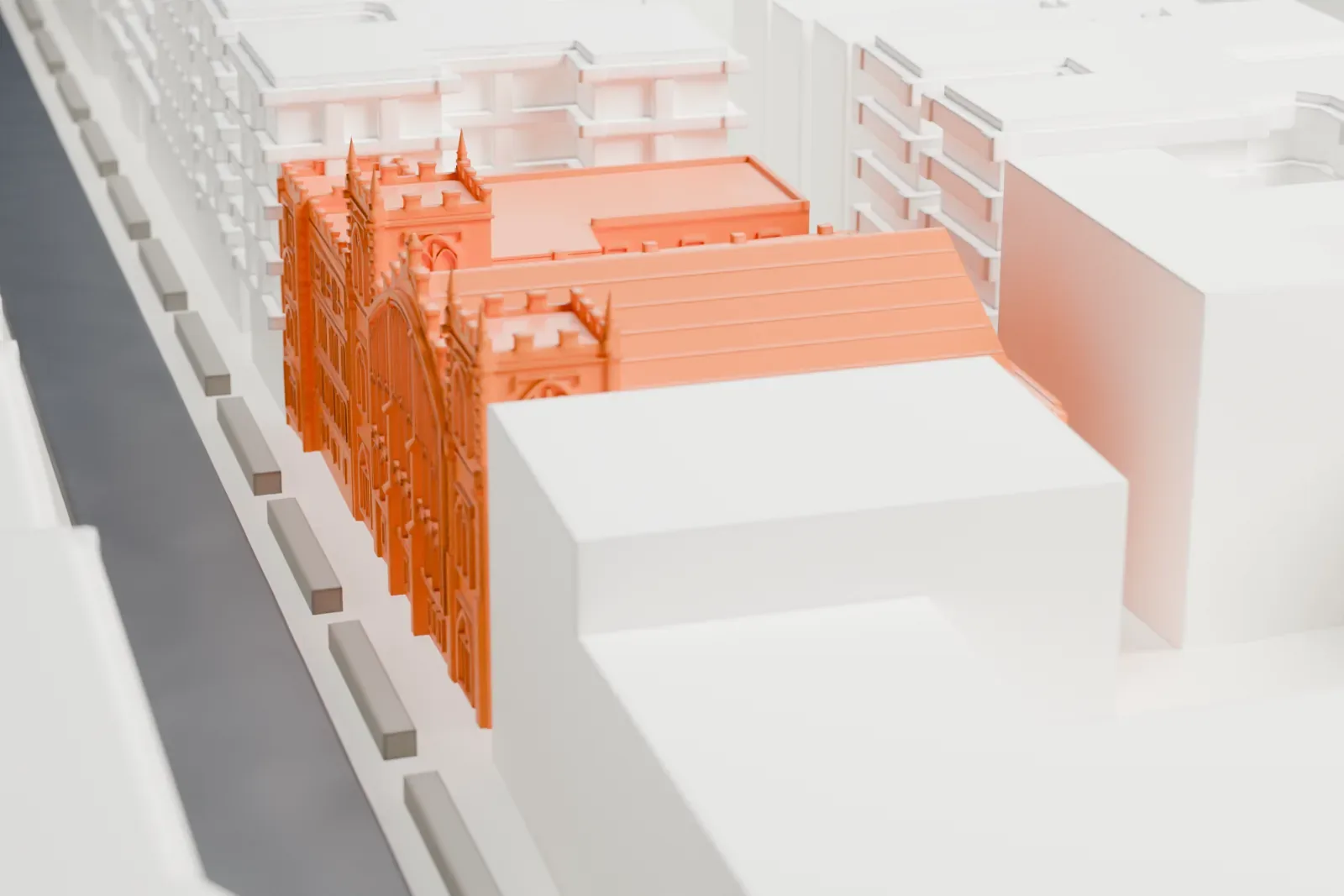 A white 3D print of Abyssinian Baptist Church, a long church with two crenellated towers and a pitched roof, closely surrounded by Harlem buildings.