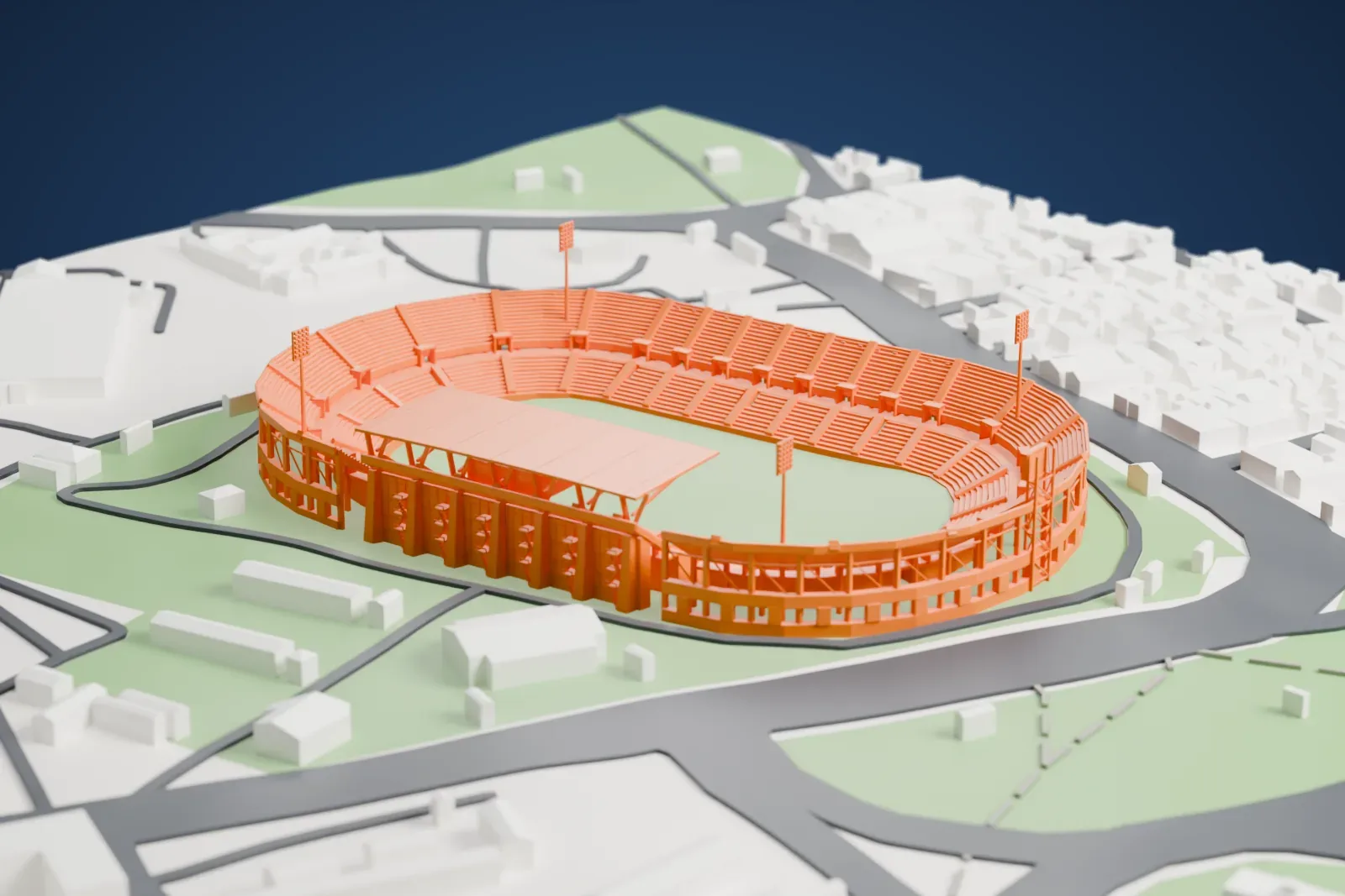 A white 3D print of Accra Sports Stadium, an oval bowl of tiered stands with a flat-roofed main stand and slim floodlight masts, set in green grounds among low buildings and roads.
