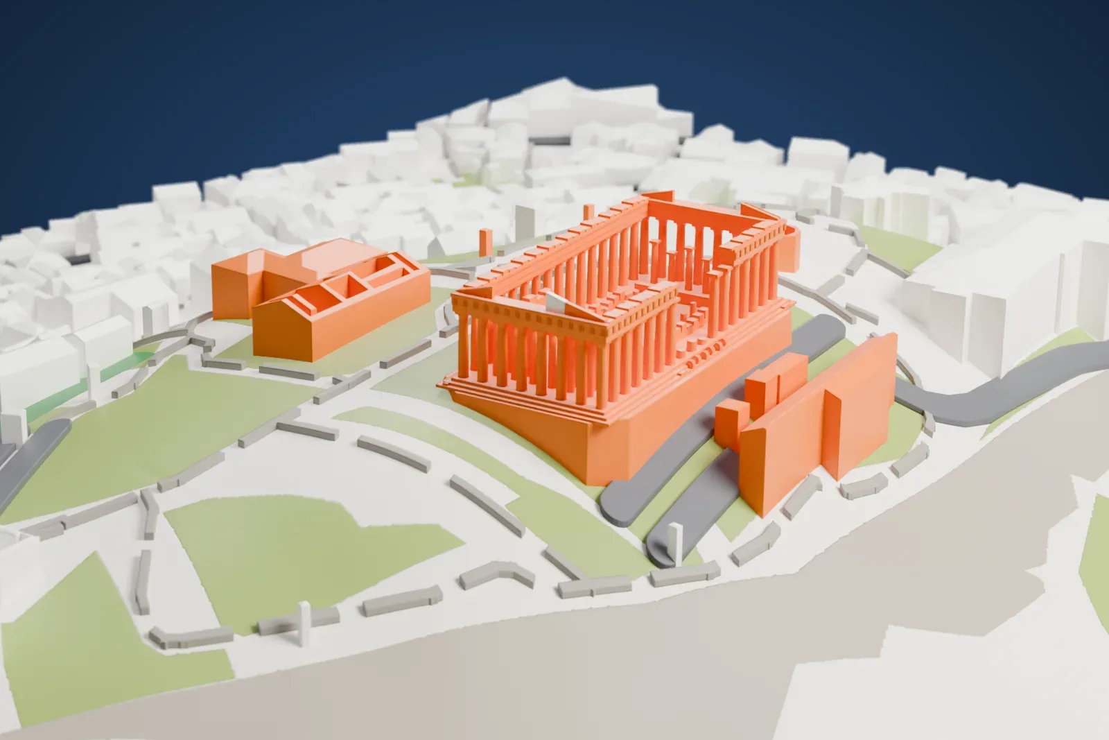 A white 3D print of the Acropolis, a roofless columned temple on a stepped platform above a sloping base, with green patches, winding paths and a few buildings around it.