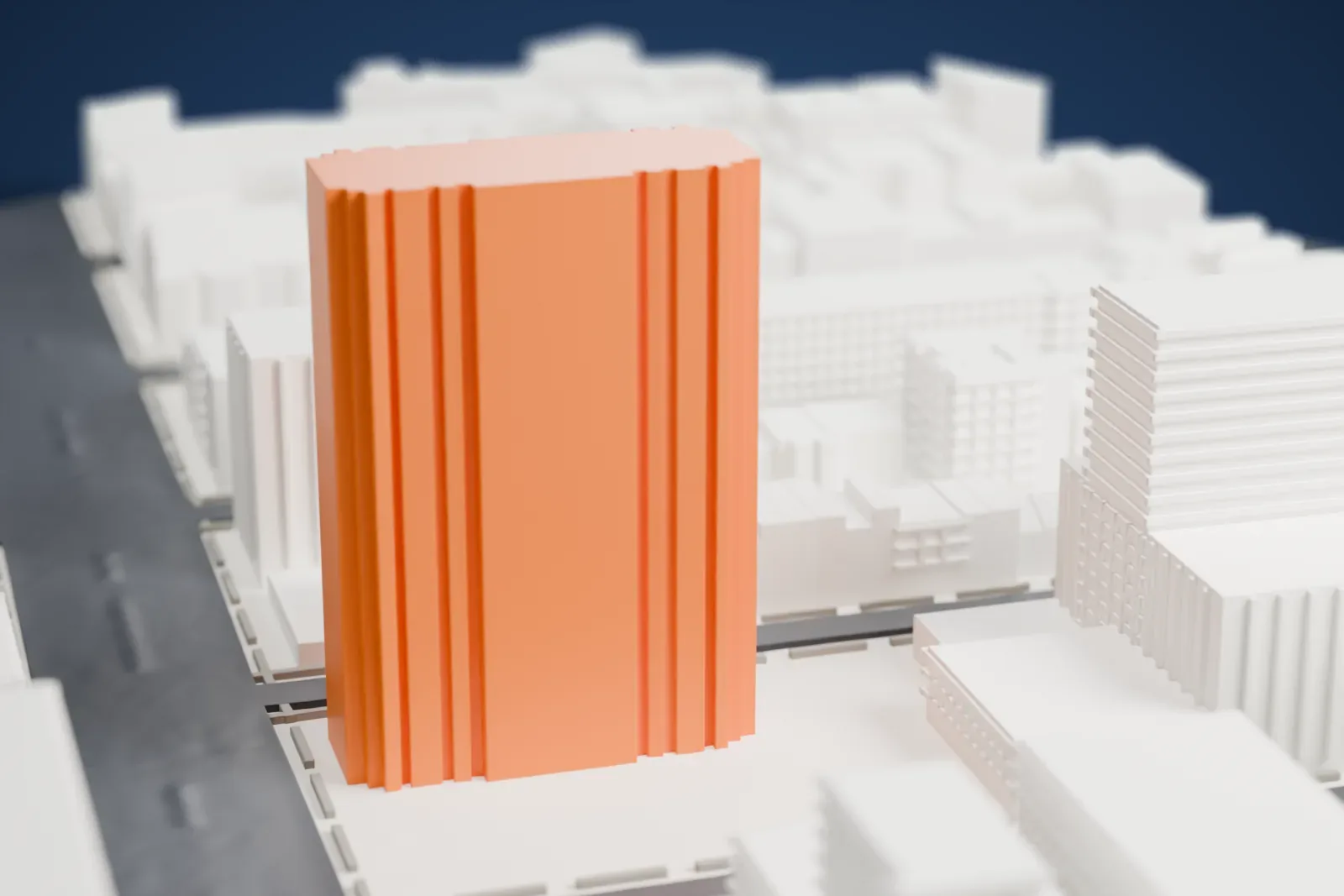 A white 3D print of the Adam Clayton Powell Jr. State Office Building, a tall ribbed tower on flared supports, with low city blocks and streets around it.