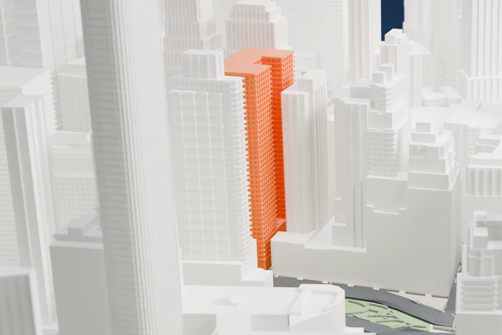 A white 3D print of the Adams Express Building, a block-like tower with a notched top, surrounded by taller and shorter Financial District buildings.