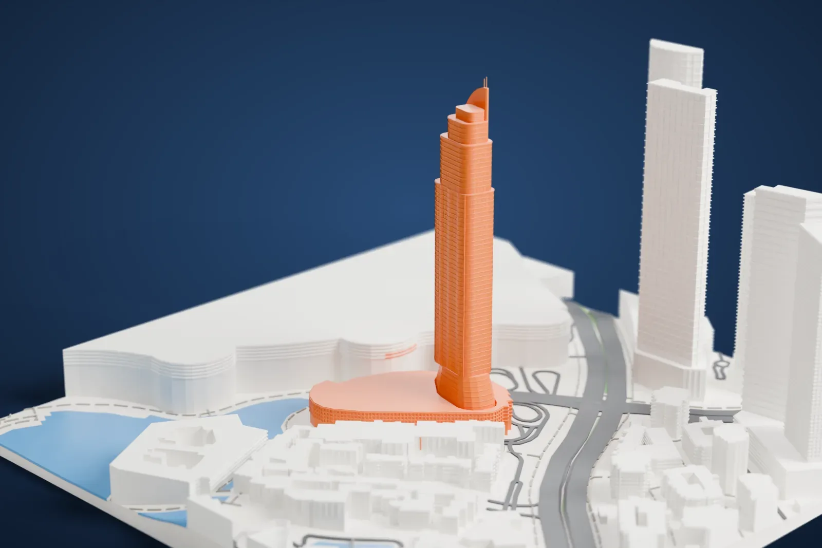 A white 3D print of the Address Downtown, a very tall slim tower with a stepped crown, a curved fin and a thin spire, beside neighboring towers and low buildings.