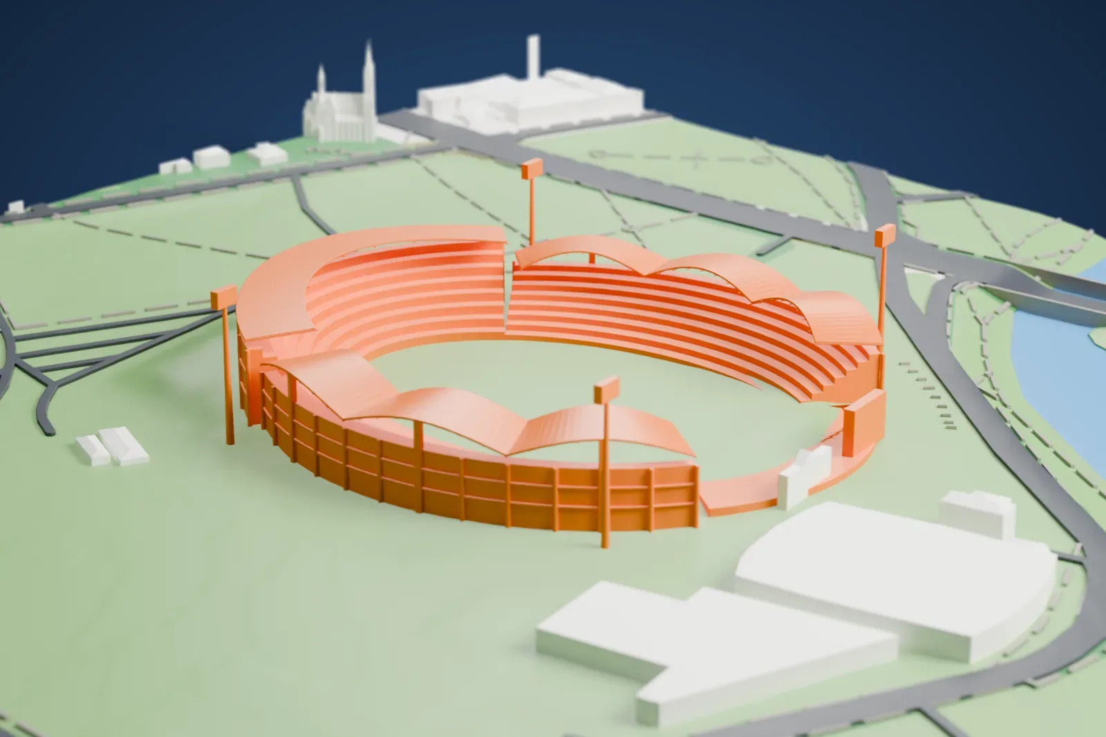 A white 3D print of Adelaide Oval, an oval ring of grandstands with curved wave-shaped roofs and tall floodlight towers, set in green parkland beside a river and roads.
