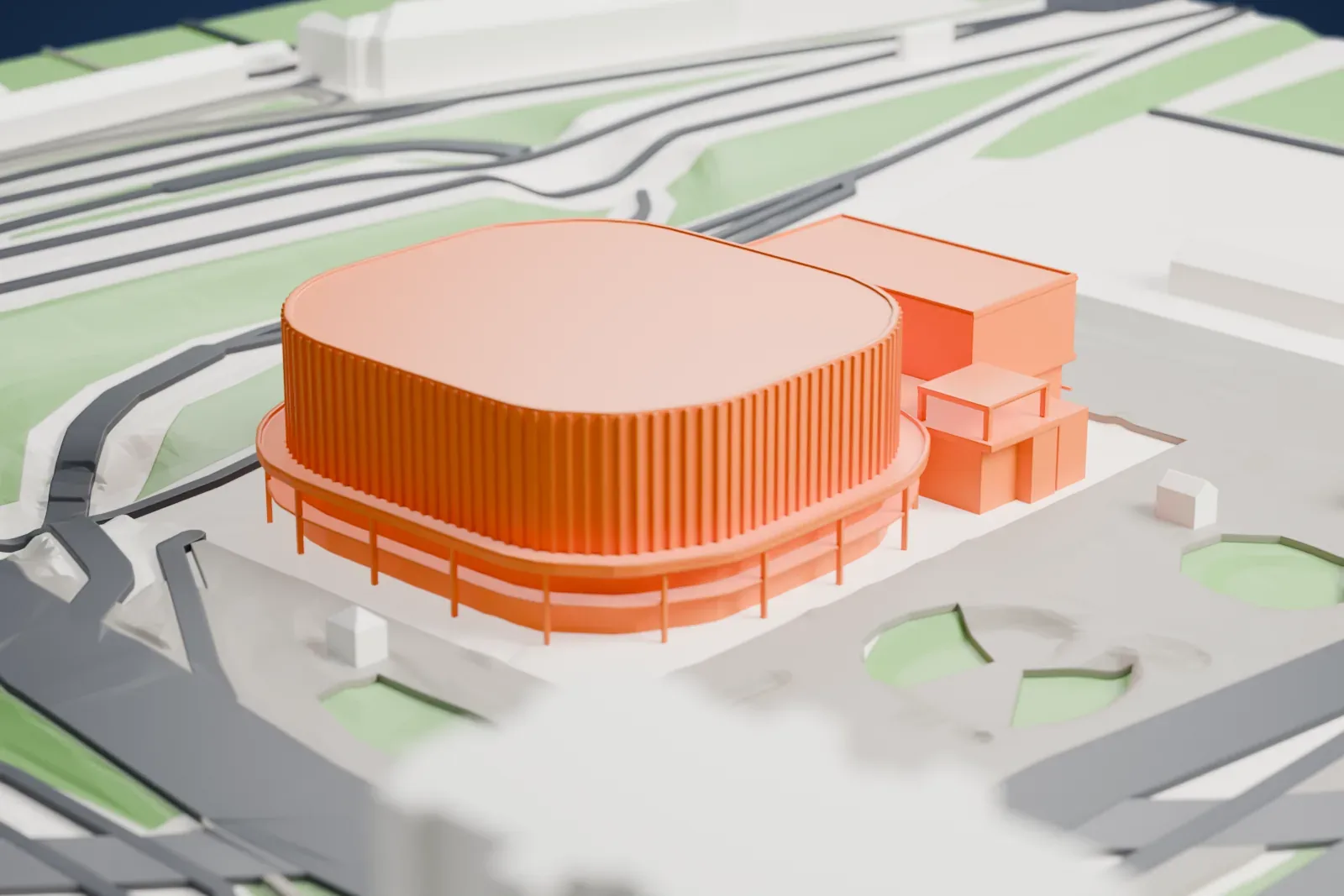 A white 3D print of the Adidas Arena, a wide, low hall standing among the streets and buildings around it in Paris.