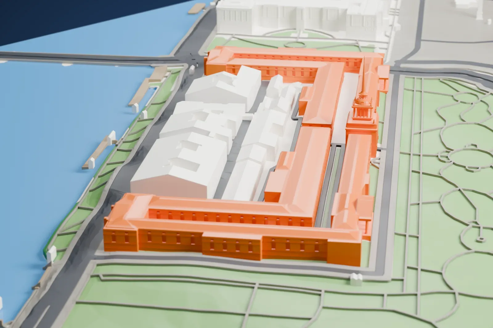 A white 3D print of the Admiralty in Saint Petersburg, a historic building complex, among the surrounding city streets and buildings.