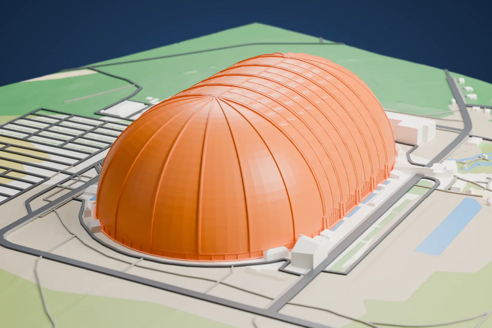 A white 3D print of the Aerium airship hangar, a huge rounded hangar with curved end doors and a long barrel roof, among surrounding buildings and grounds.