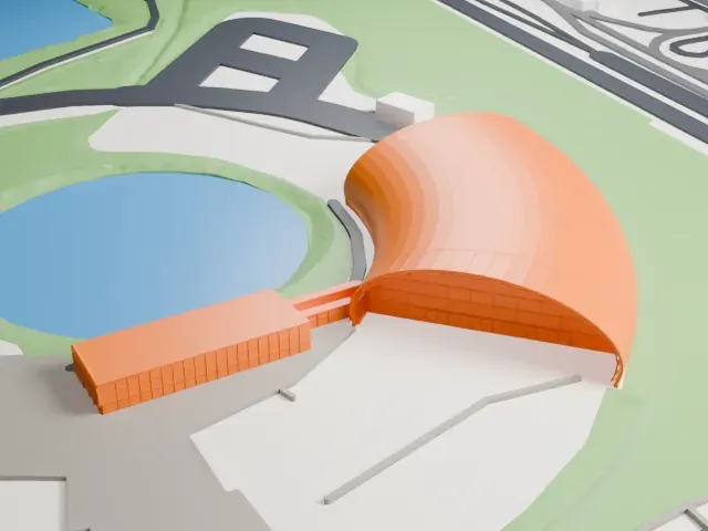 Aeroscopia aircraft exhibition hangar model, South view
