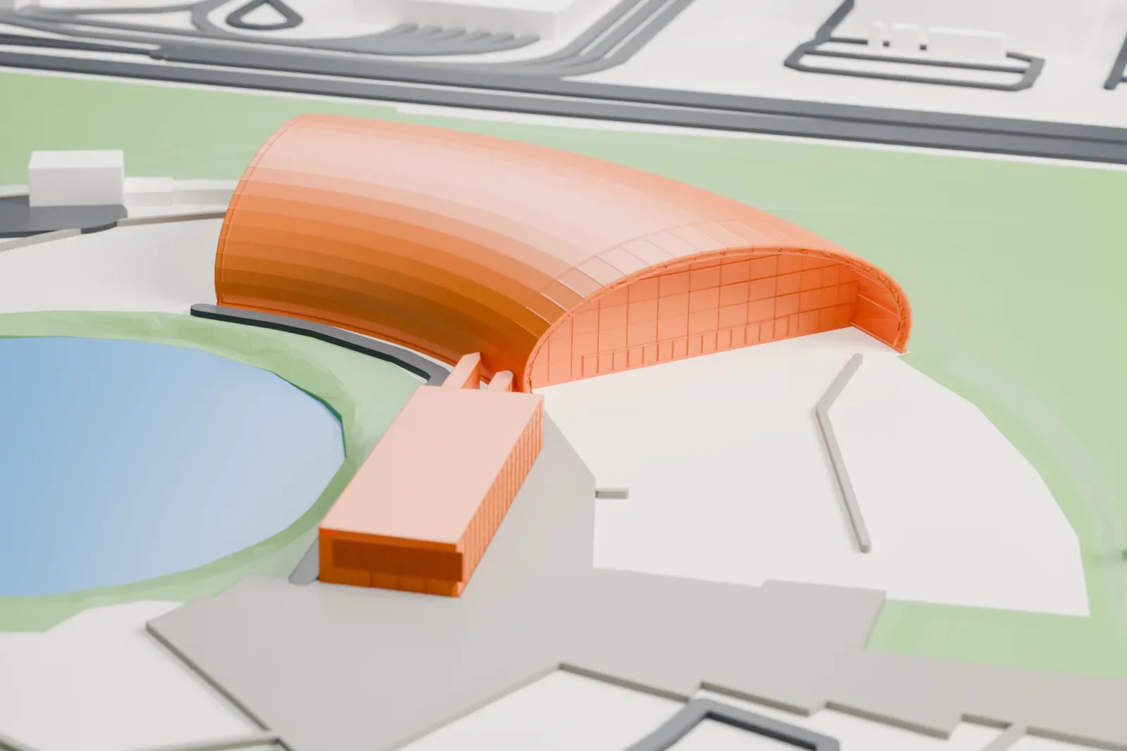 A white 3D print of the Aeroscopia aircraft exhibition hangar, a long curved hall with a rounded end and a deep open canopy, among roads and nearby buildings.