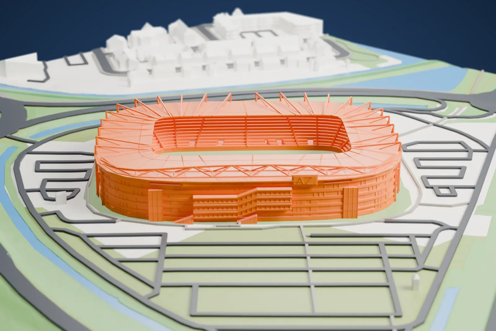 A white 3D print of AFAS Stadion, a rounded football bowl with a white roof truss and a curved main facade, among surrounding streets and buildings.