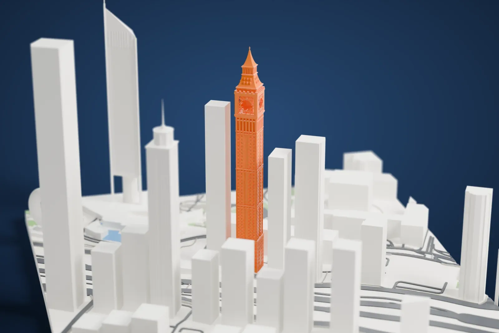 A white 3D print of the AHS Tower rising above the surrounding streets and buildings of Sheikh Zayed Road in Dubai.
