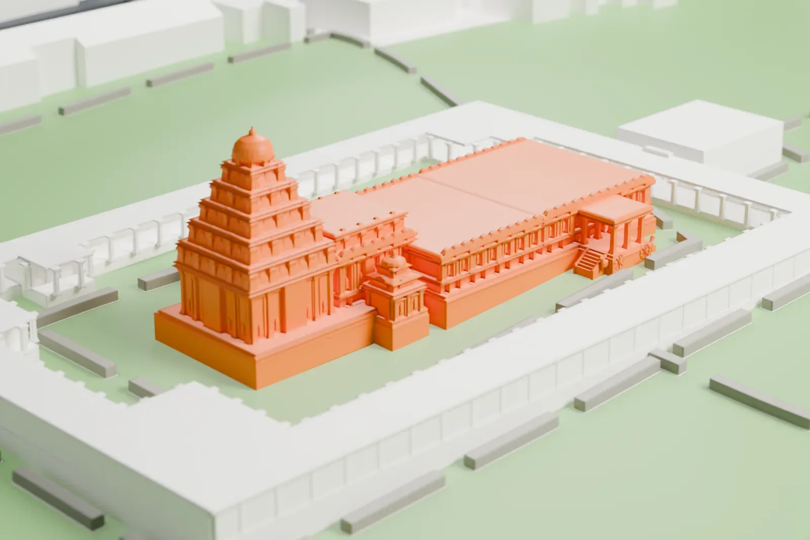 A white 3D print of the Airavatesvara Temple, a walled compound with a stepped pyramidal tower, a long pillared hall and small shrines, set in green grounds with low buildings around it.