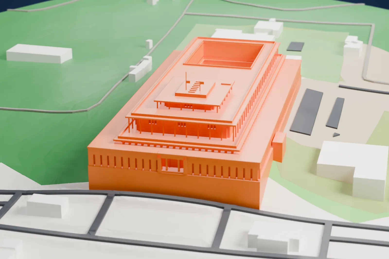 A white 3D print of the Aiwan-e-Sadr, a stepped building with thin overhanging roofs and rows of columns around an open courtyard, surrounded by the government buildings of Islamabad.