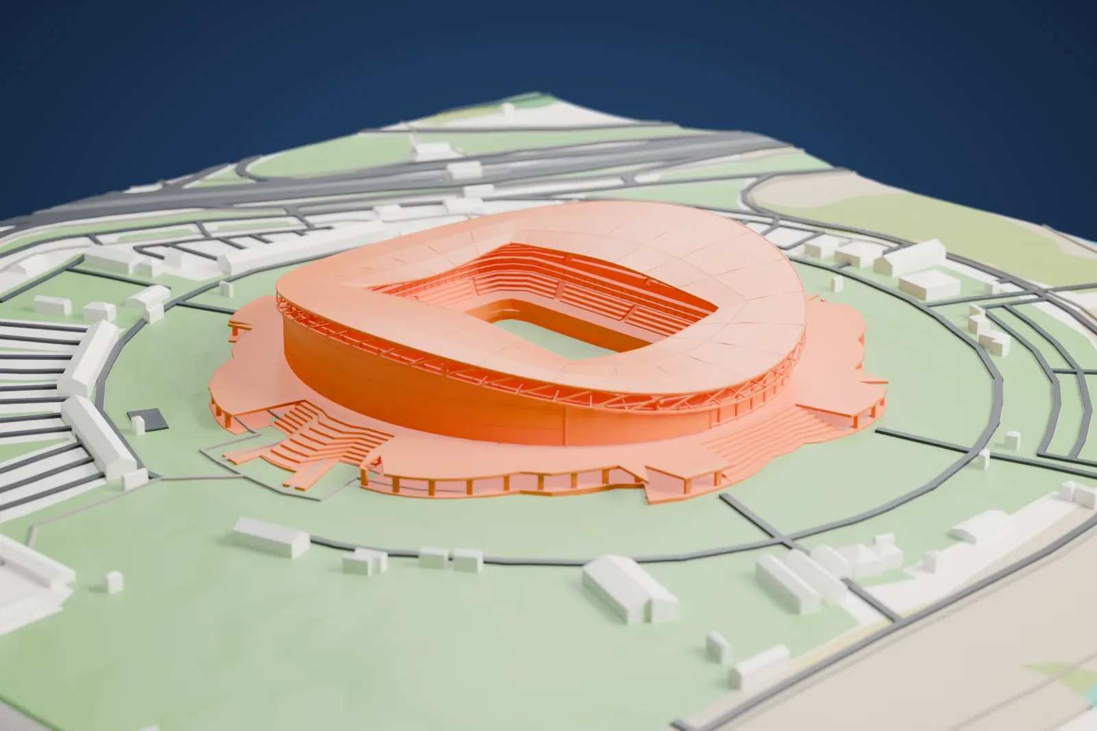 A white 3D print of Ak Bars Arena, a stadium with a broad curved roof around a rounded rectangular opening, standing among surrounding streets and buildings.