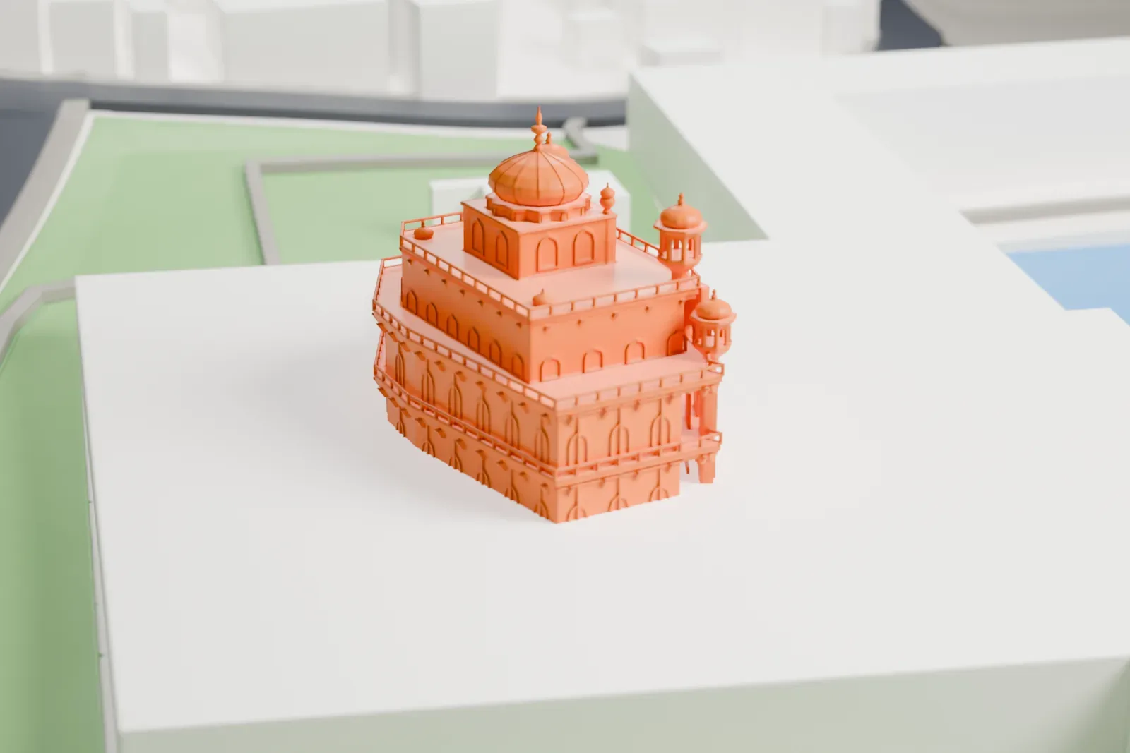 A white 3D print of the Akal Takht with its gold dome and stepped galleries, surrounded by the buildings of the Darbar Sahib complex.