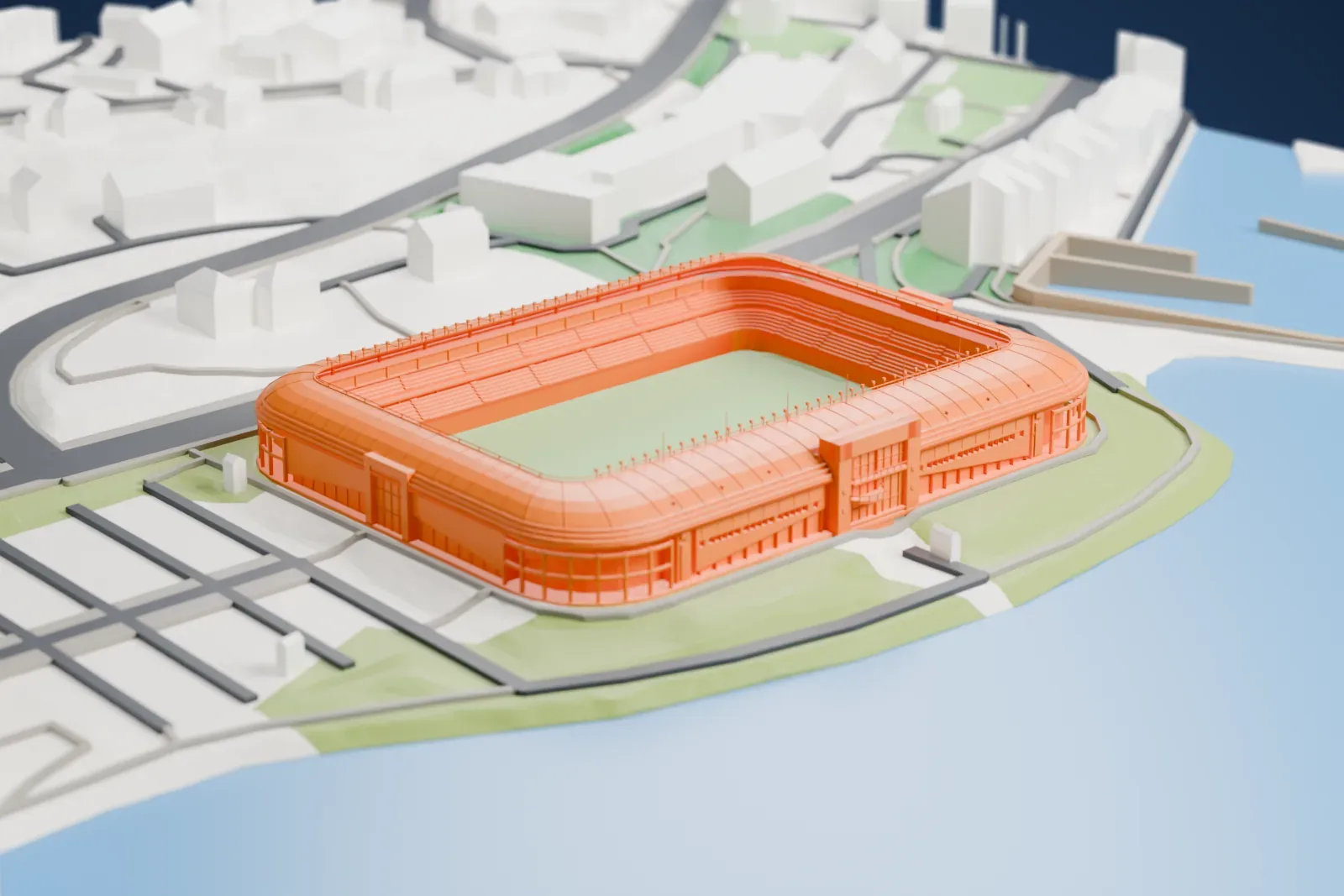 A white 3D print of the Aker Stadion with its curved roof around an open field, set among surrounding buildings.