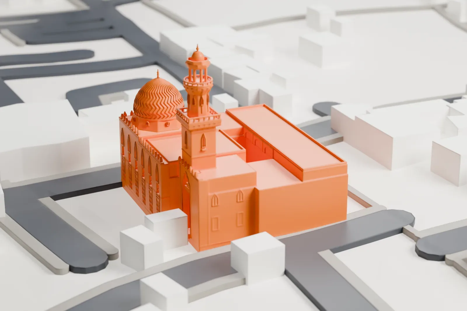 A white 3D print of the Al-Ashraf Mosque among the surrounding streets and buildings of Islamic Cairo.