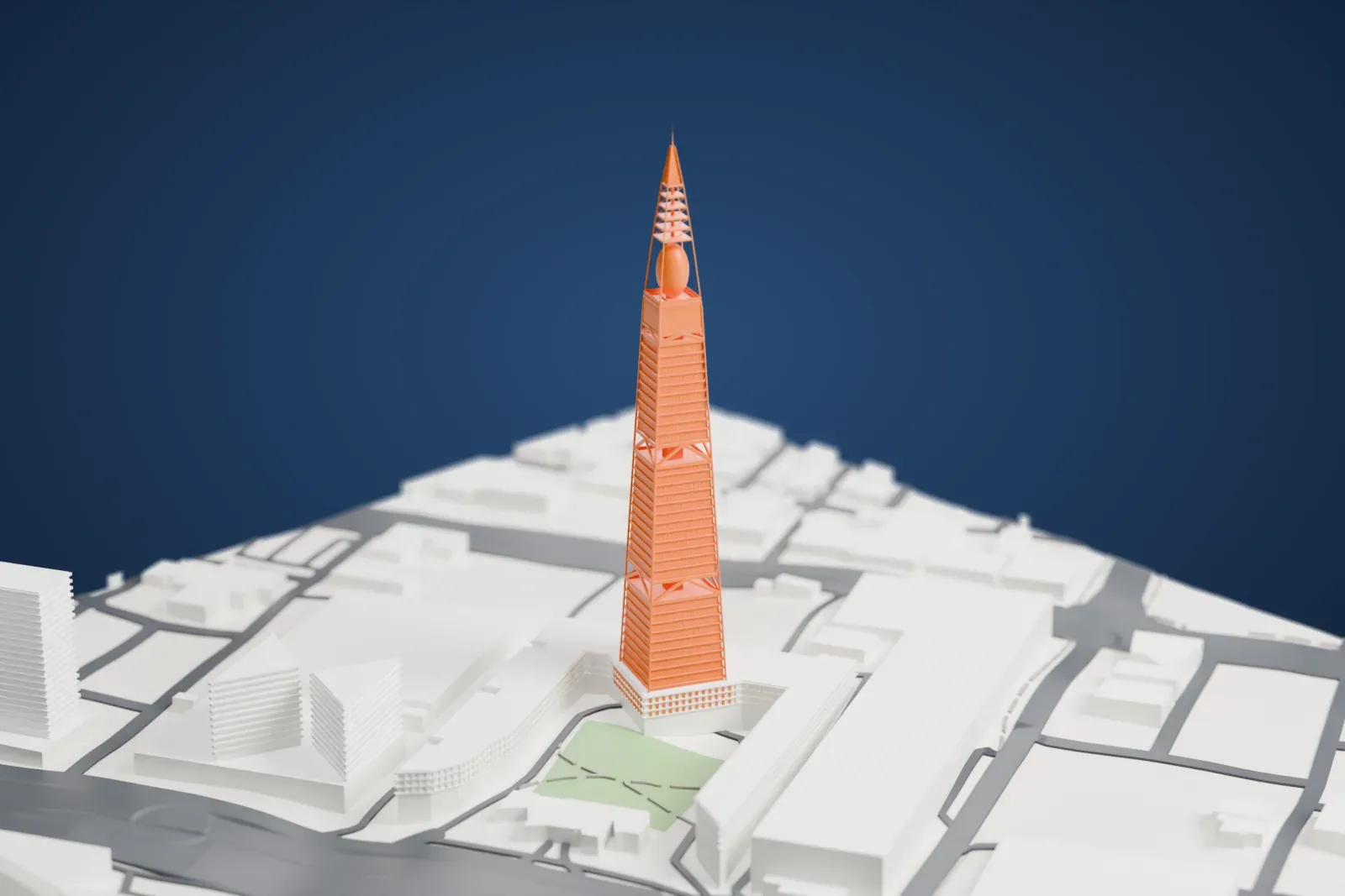 A white 3D print of Al Faisaliah Tower, a tapering tower with a sphere near its top and an open-frame spire, rising from a low building around a small green courtyard, with roads nearby.