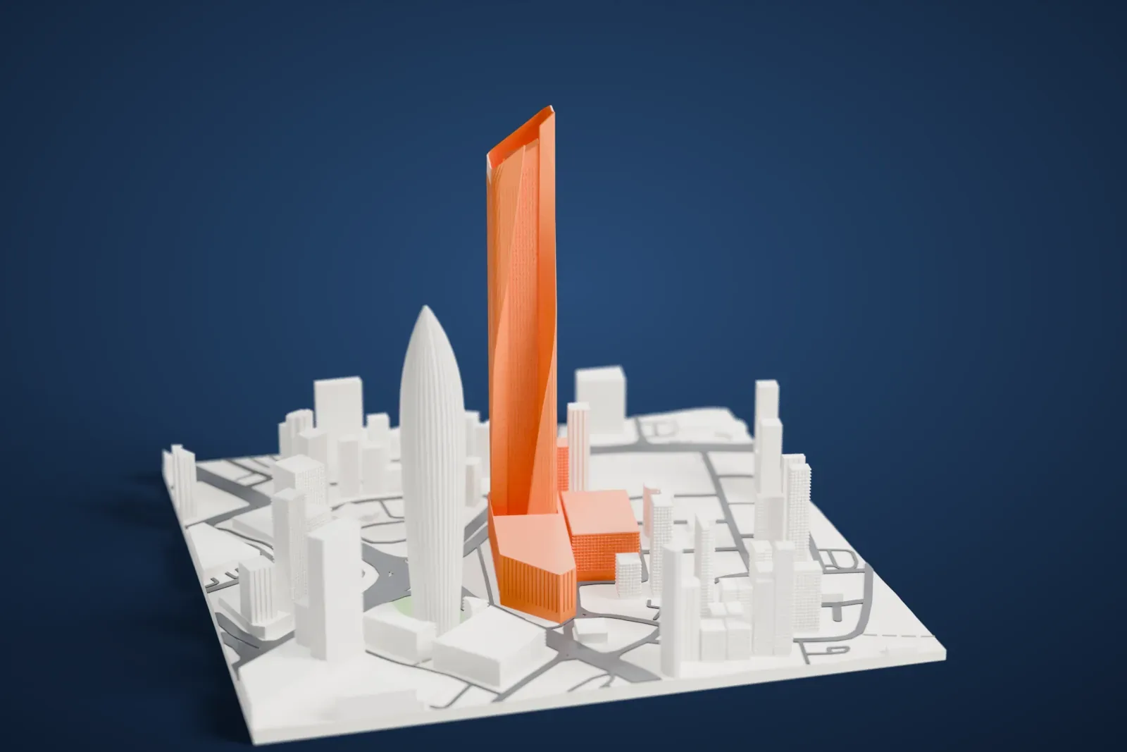 A white 3D print of Al Hamra Tower, a very tall tower with a notched top, standing among other towers and lower blocks with a rounded tower nearby.