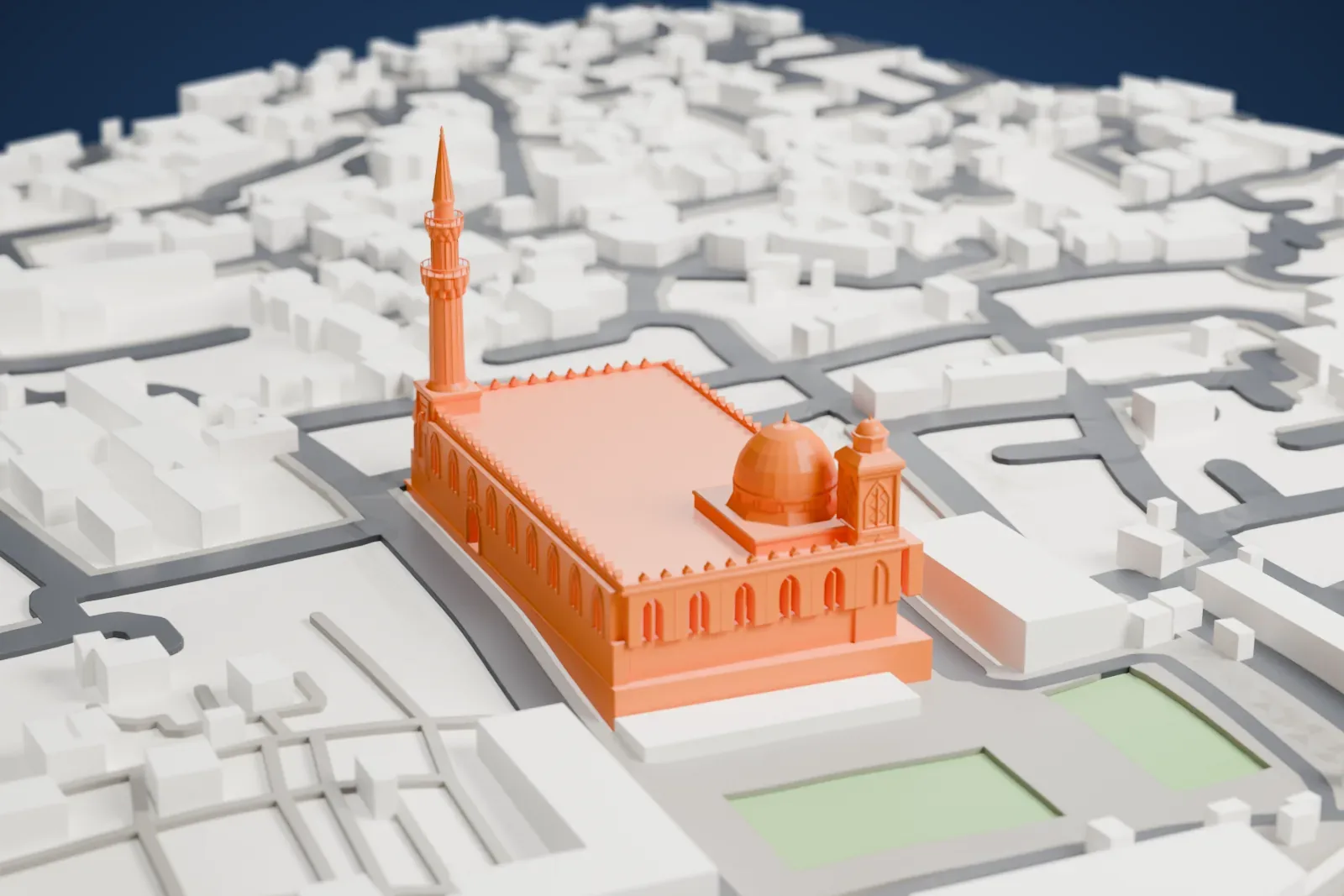 A white 3D print of the Al-Hussein Mosque, with the surrounding buildings and streets of Cairo around it.