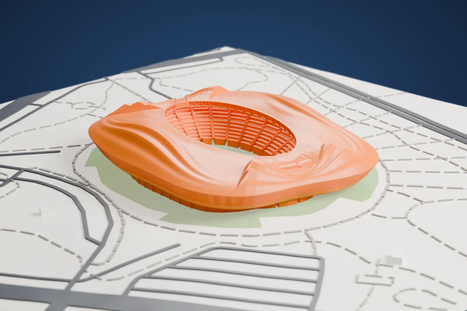 A white 3D print of Al Janoub Stadium, a stadium with a rippling curved roof around an oval opening, surrounded by a plaza, winding paths, roads and green patches.
