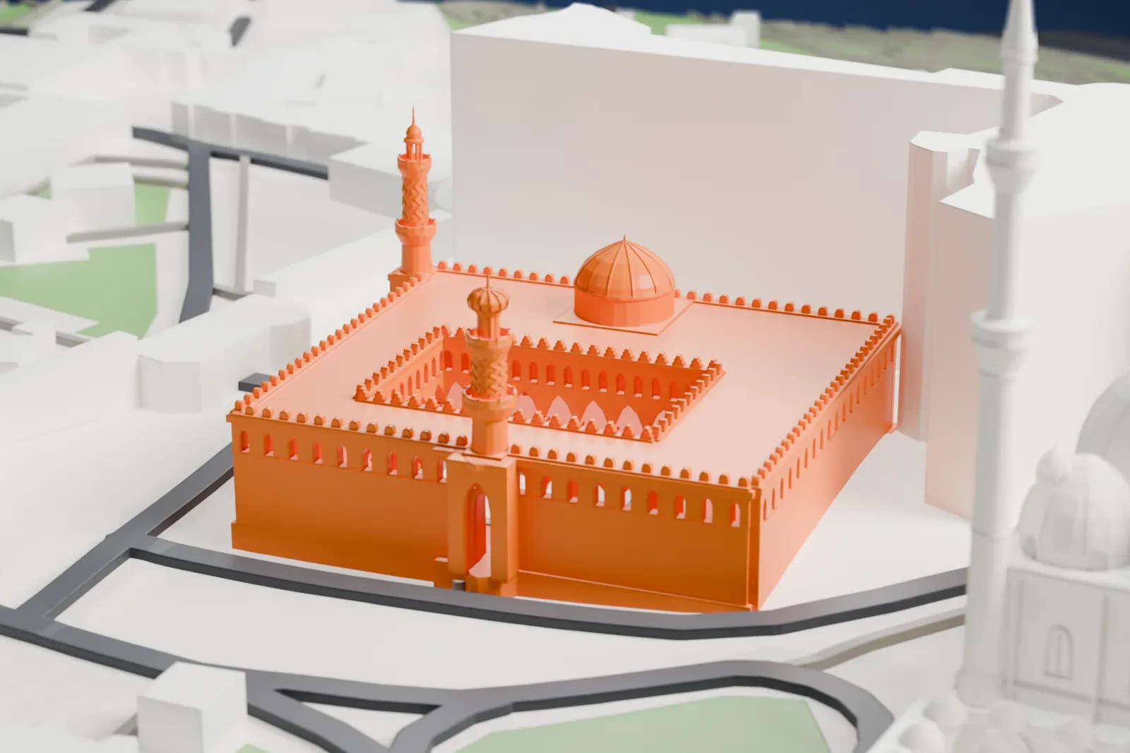 A white 3D print of the Al-Nasir Muhammad Mosque, a stone mosque with two minarets, standing inside the Citadel of Cairo among its surrounding buildings.