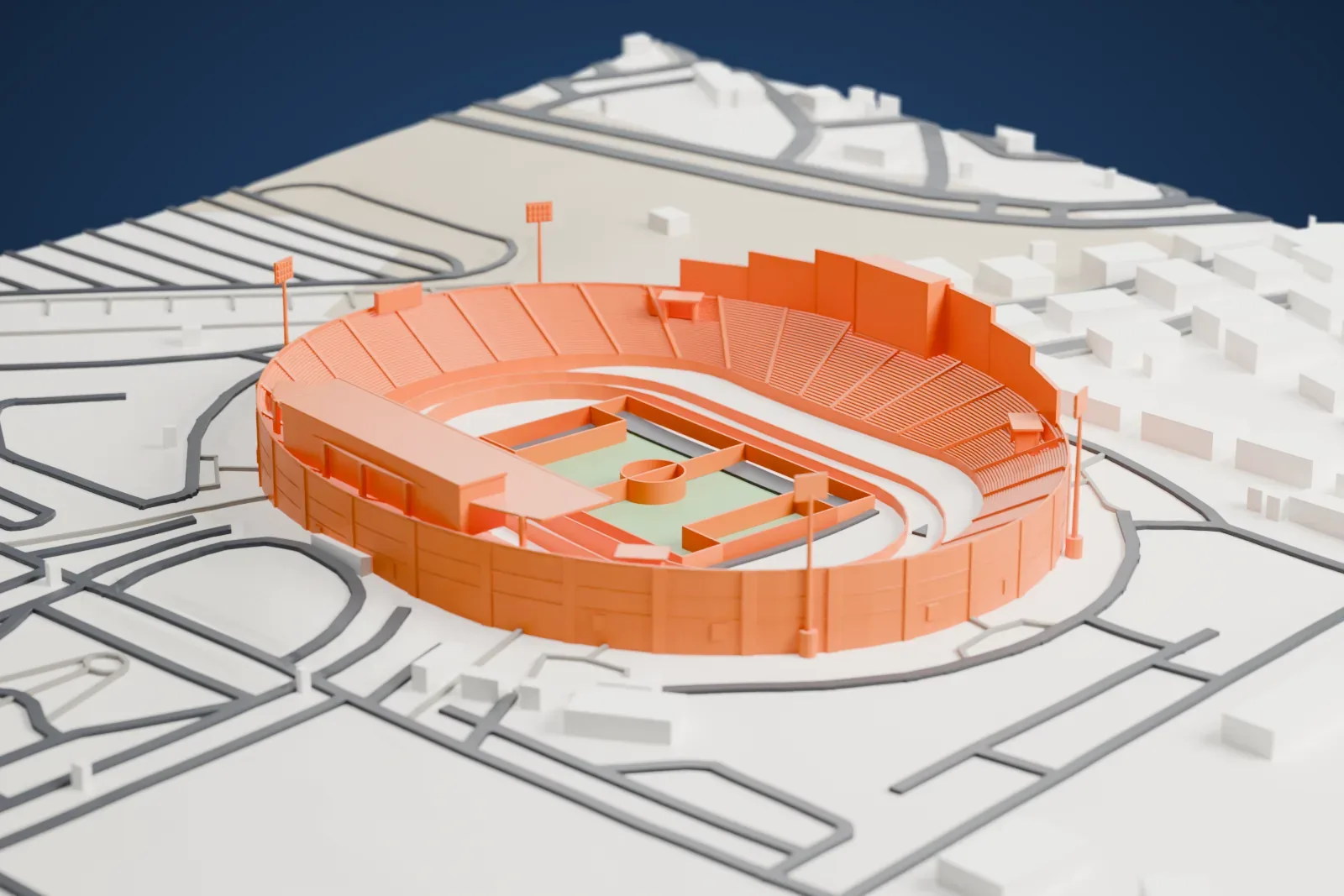 A white 3D print of Al Salam Stadium within the surrounding city.