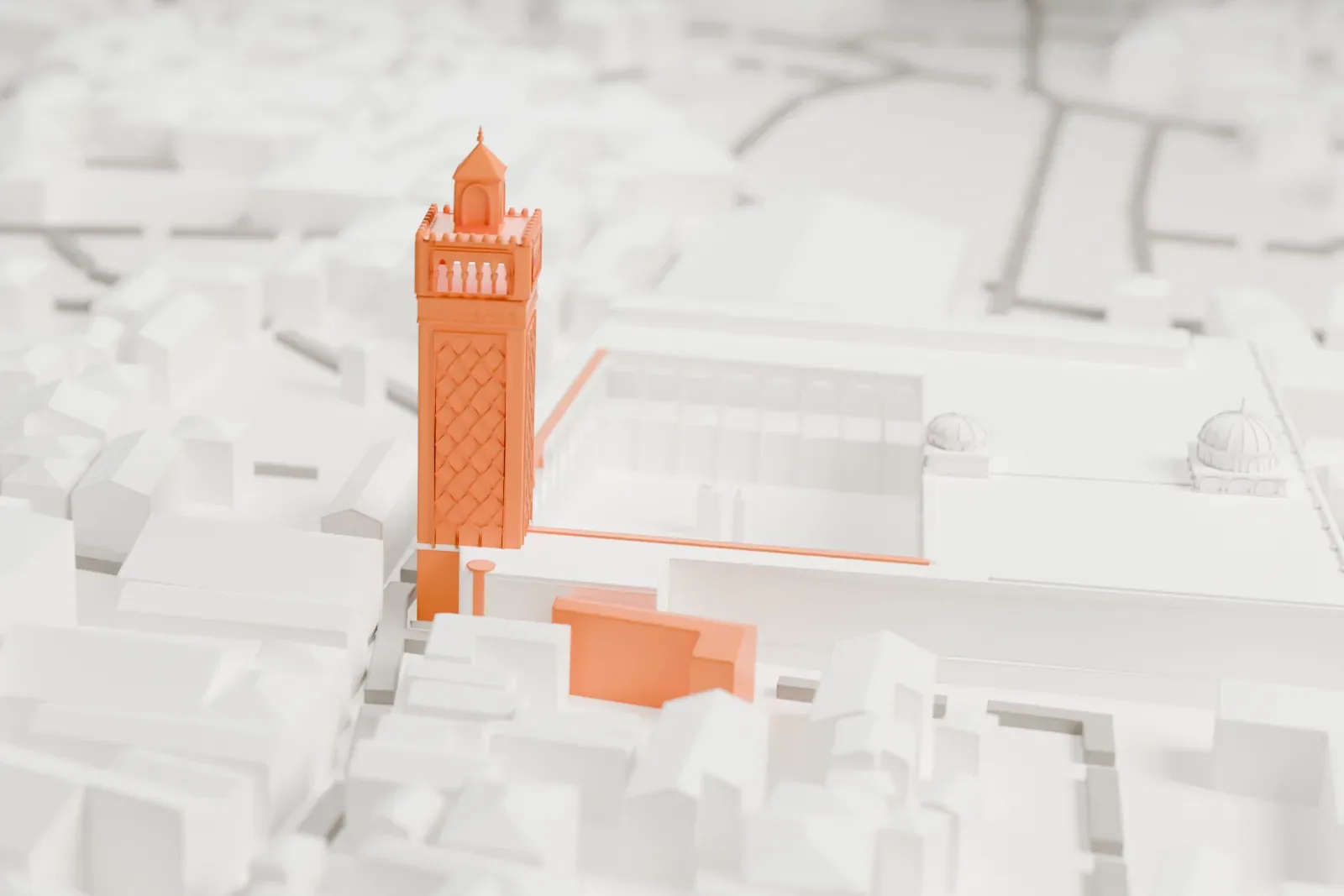 A white 3D print of the Al-Zaytuna Mosque, a square complex around an open courtyard with a tall patterned minaret and two small domes, set in dense low city blocks.