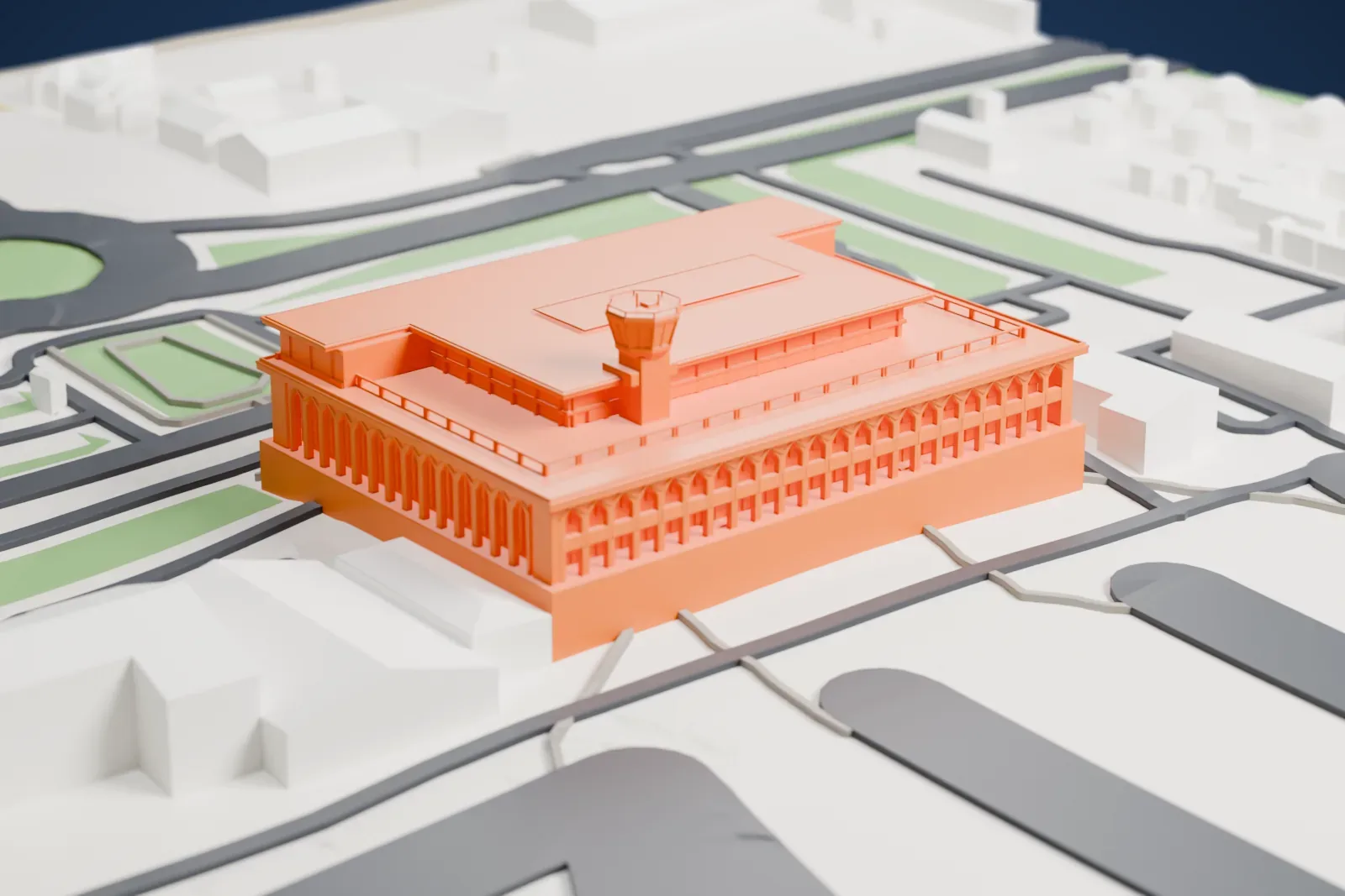 A white 3D print of the Aleppo International Airport Terminal, a broad stepped terminal with projecting roof slabs and a slender control tower, on the airport grounds.