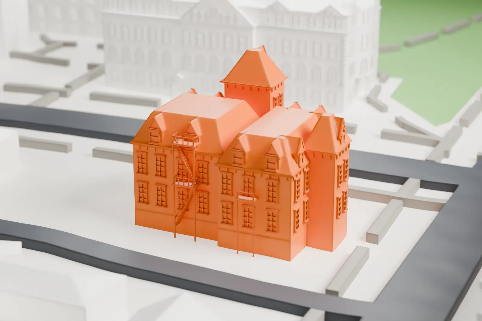 A white 3D print of Alexander Johnston Hall, a multi-wing building with steep roofs, dormers, a square tower and a fire escape, standing on open ground beside streets.