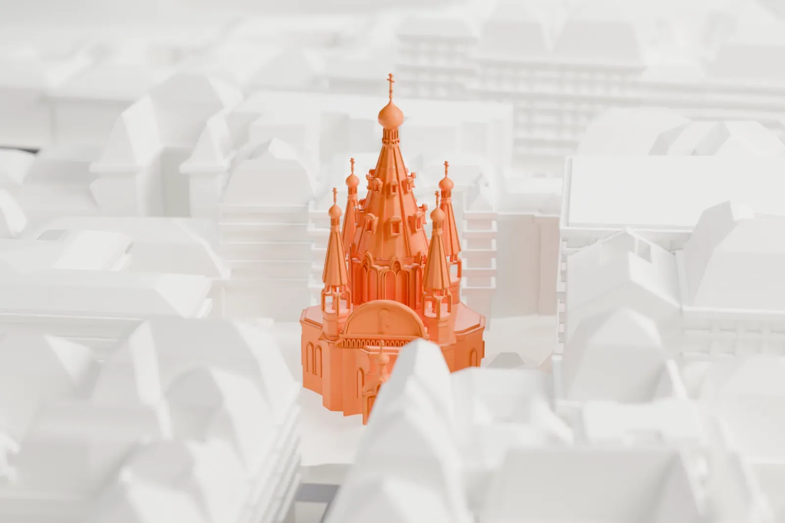 A white 3D print of the Alexander Nevsky Cathedral among the surrounding streets and buildings.