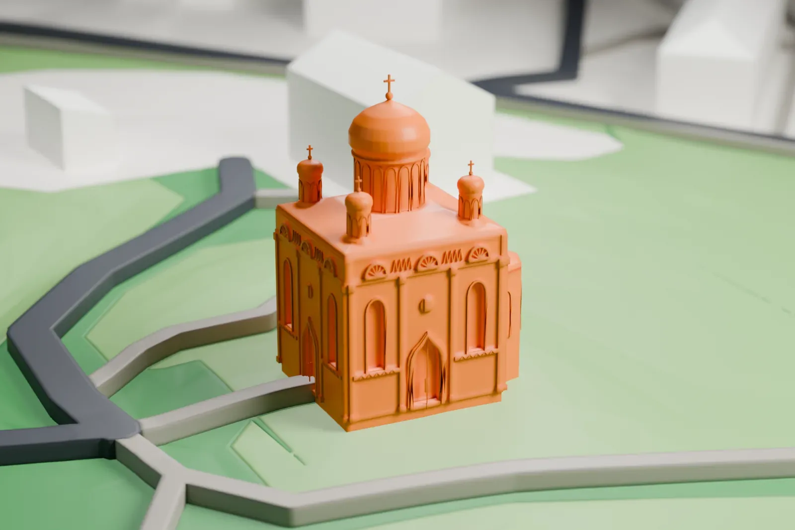 A white 3D print of the Alexander Nevsky Memorial Church, a Russian Orthodox church building among the surrounding buildings of the Alexandrowka settlement.