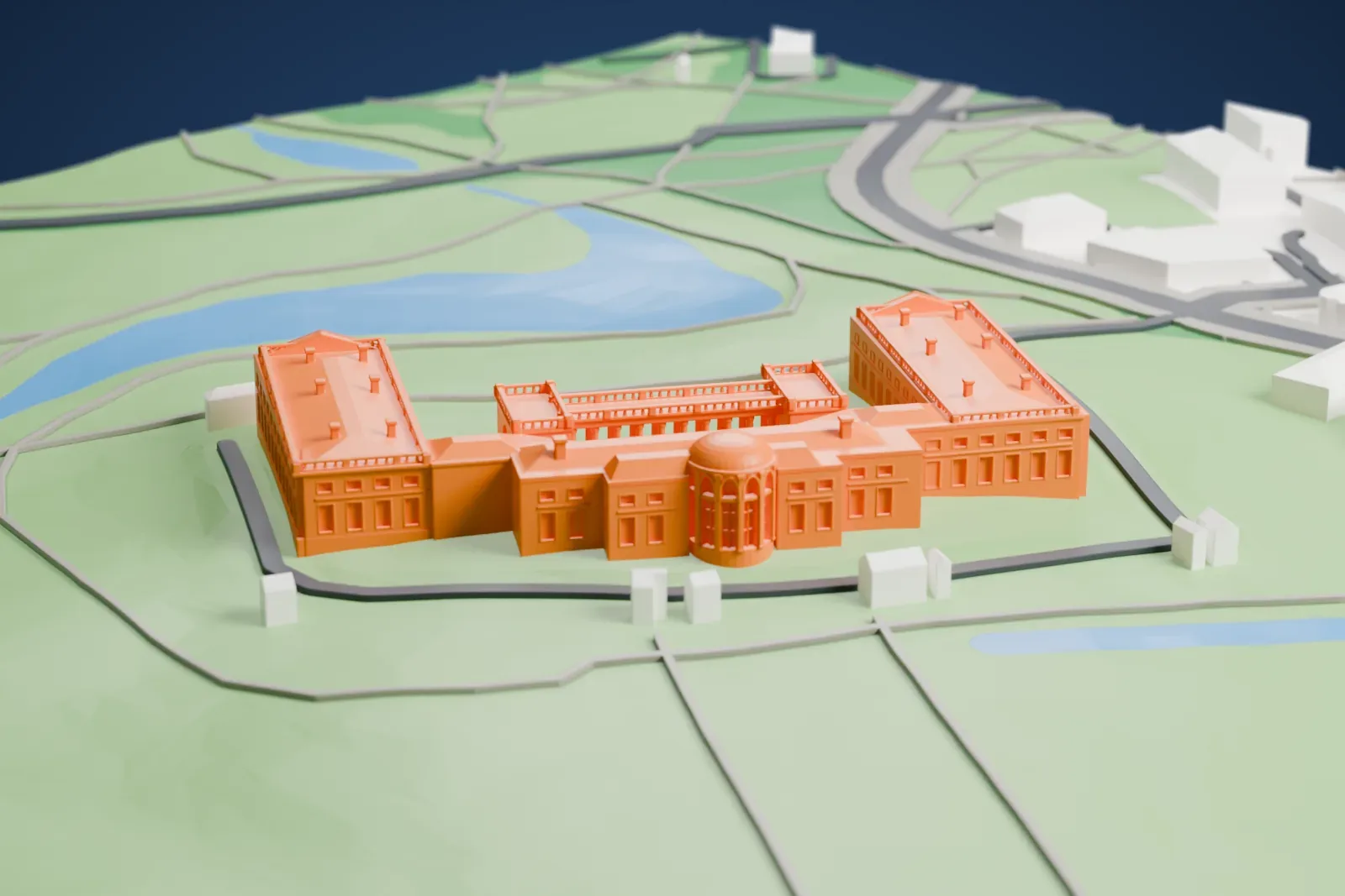 A white 3D print of the Alexander Palace, a long Neoclassical residence, among the buildings and grounds at Tsarskoye Selo.