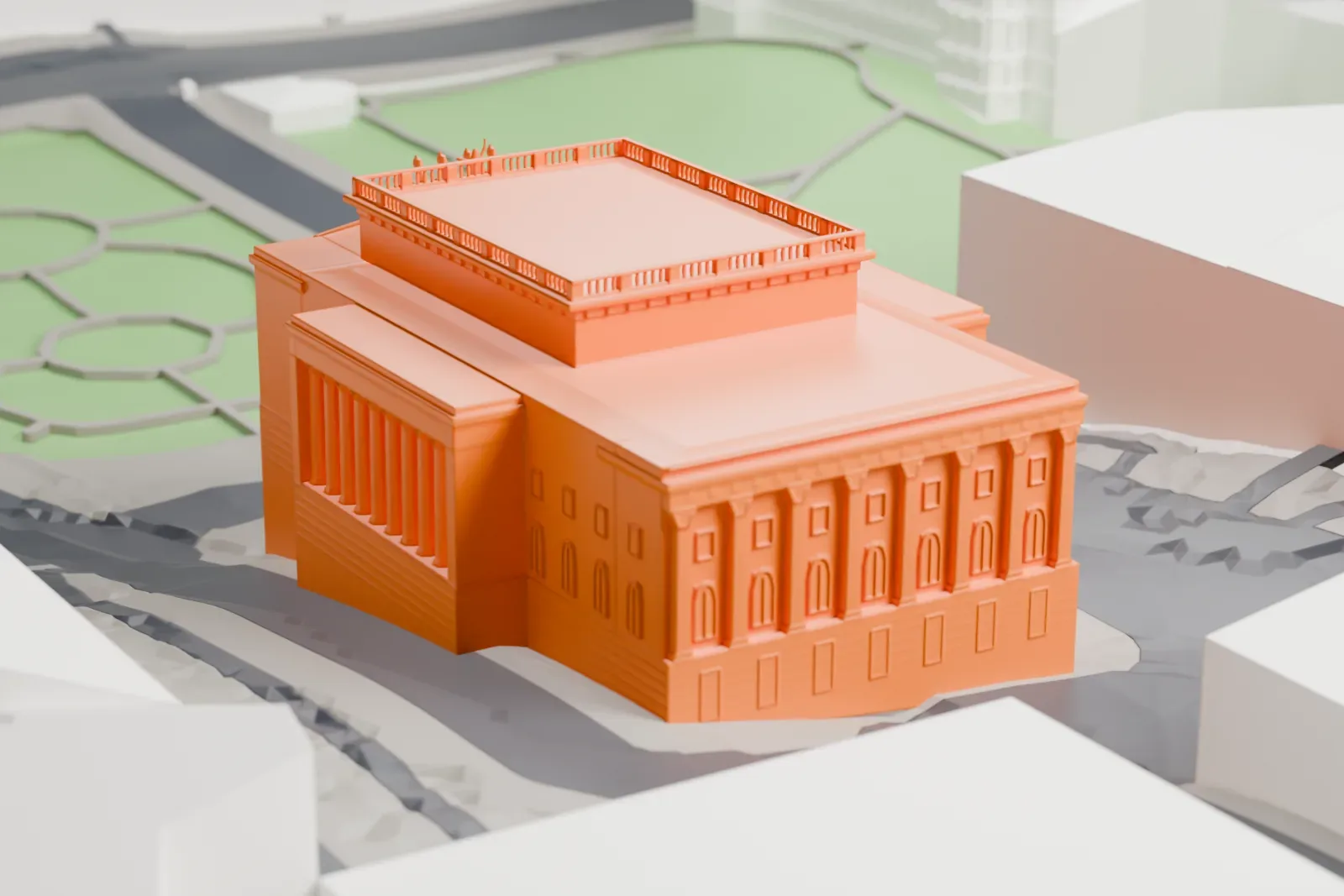 A white 3D print of the Alexandrinsky Theatre, with its long Empire-style facade among the streets and buildings of Saint Petersburg.