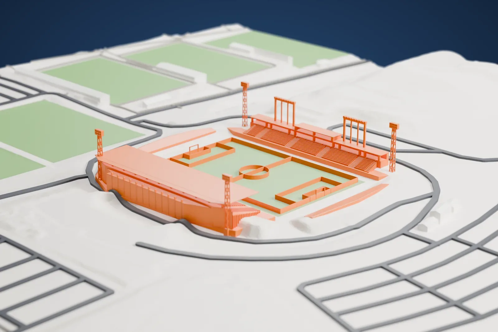 A white 3D print of the Alfredo Di Stéfano Stadium, a low bowl of stands, set among the surrounding buildings and grounds.