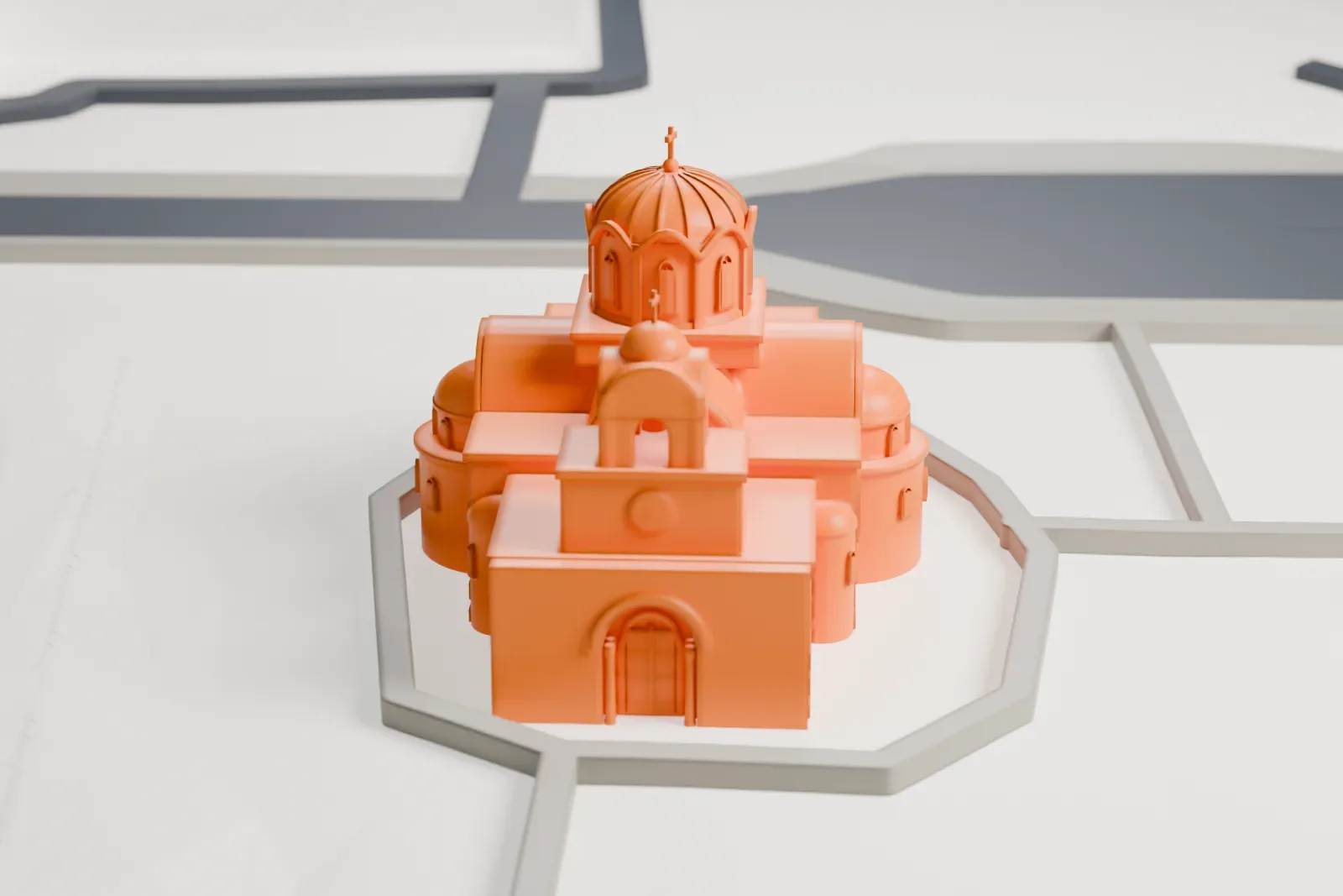 A white 3D print of All Serbian Saints Serbian Orthodox Church, with surrounding streets and buildings.