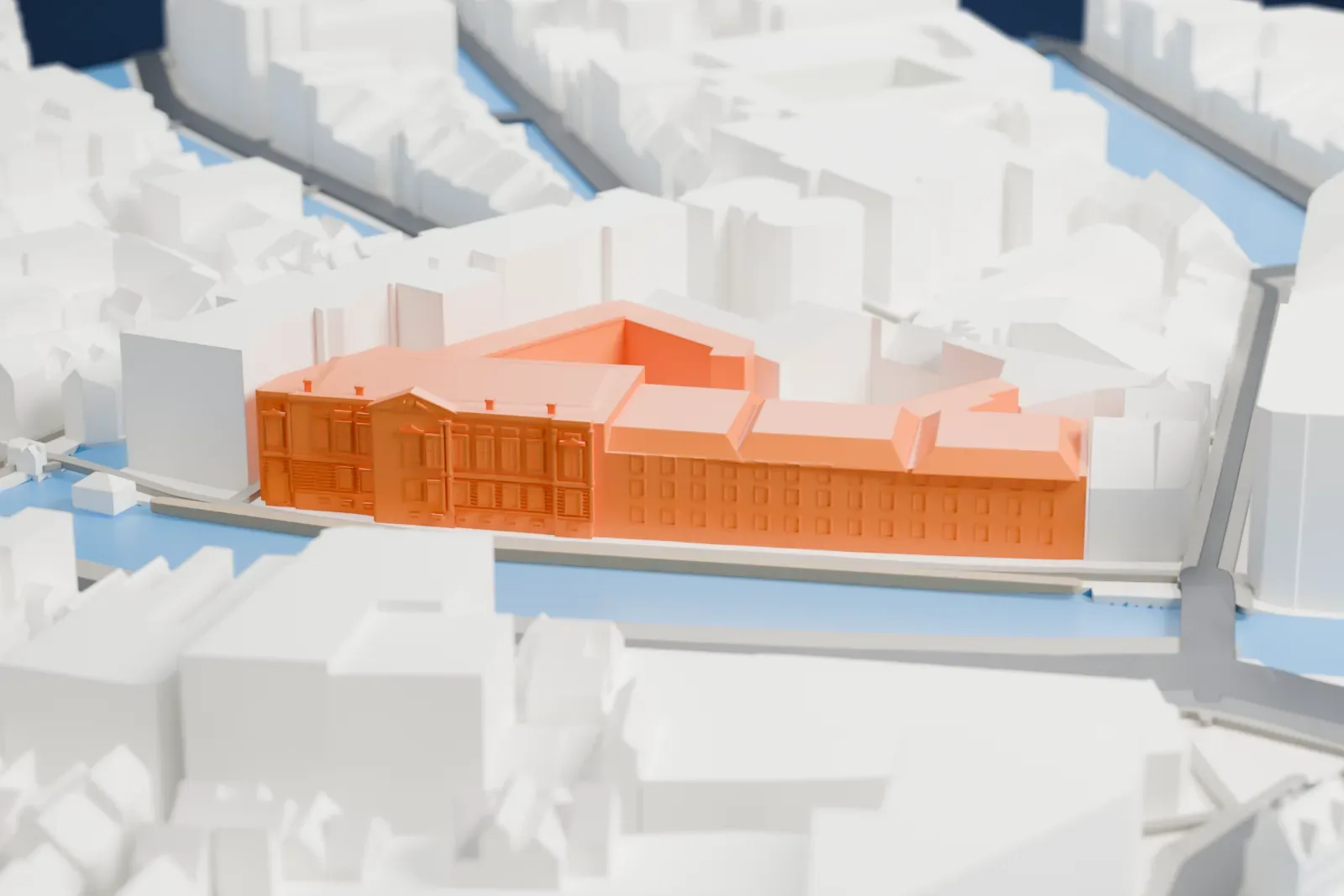 A white 3D print of the Allard Pierson Museum on the Oude Turfmarkt, with surrounding streets and buildings.