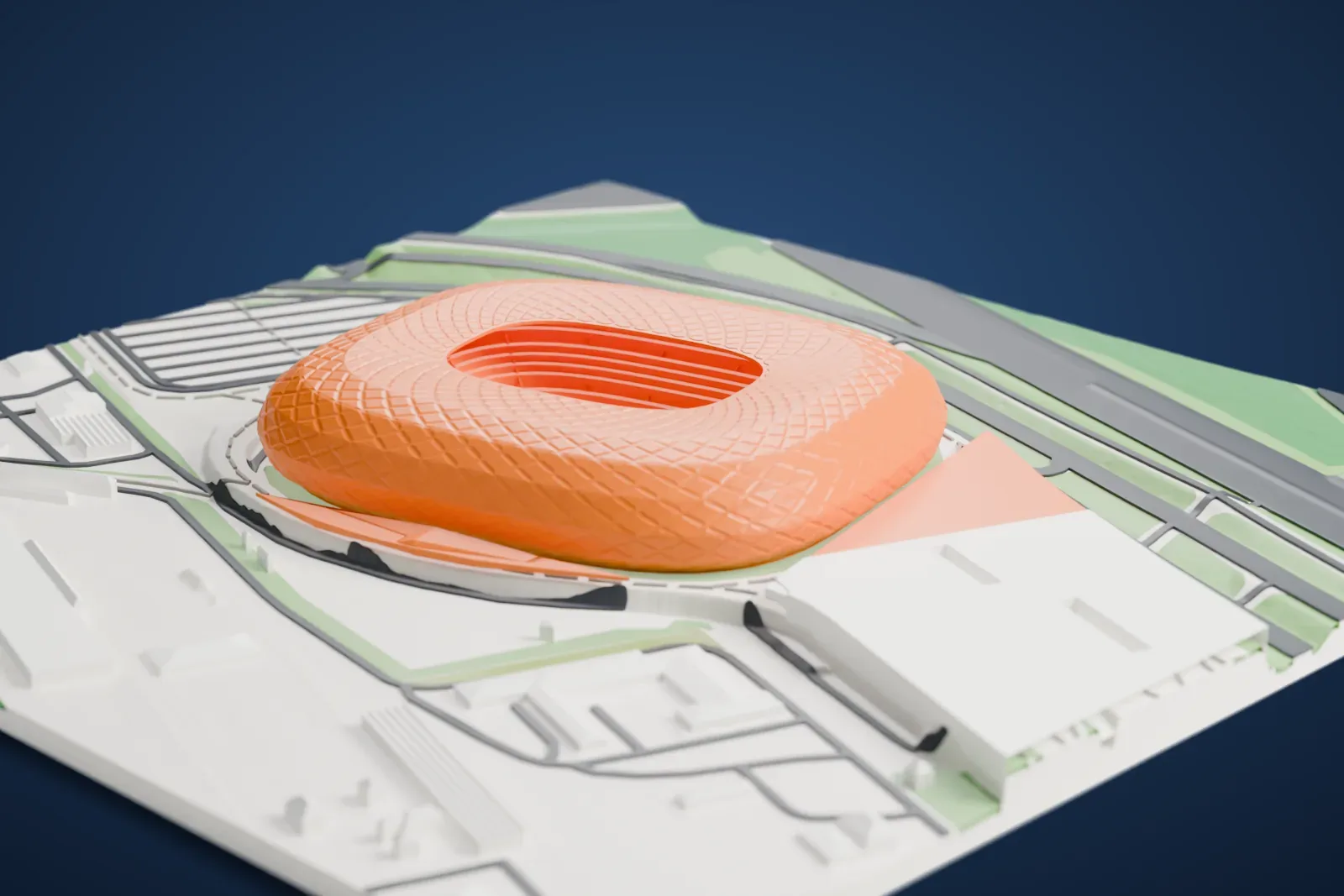 A white 3D print of Allianz Arena, a low oval stadium wrapped in a diamond-patterned shell with an open roof, beside roads, parking areas and green banks.