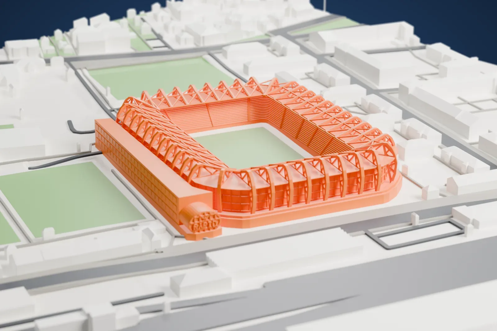 A white 3D print of the Allianz Stadion, a football ground in Vienna, with the surrounding streets and buildings around it.