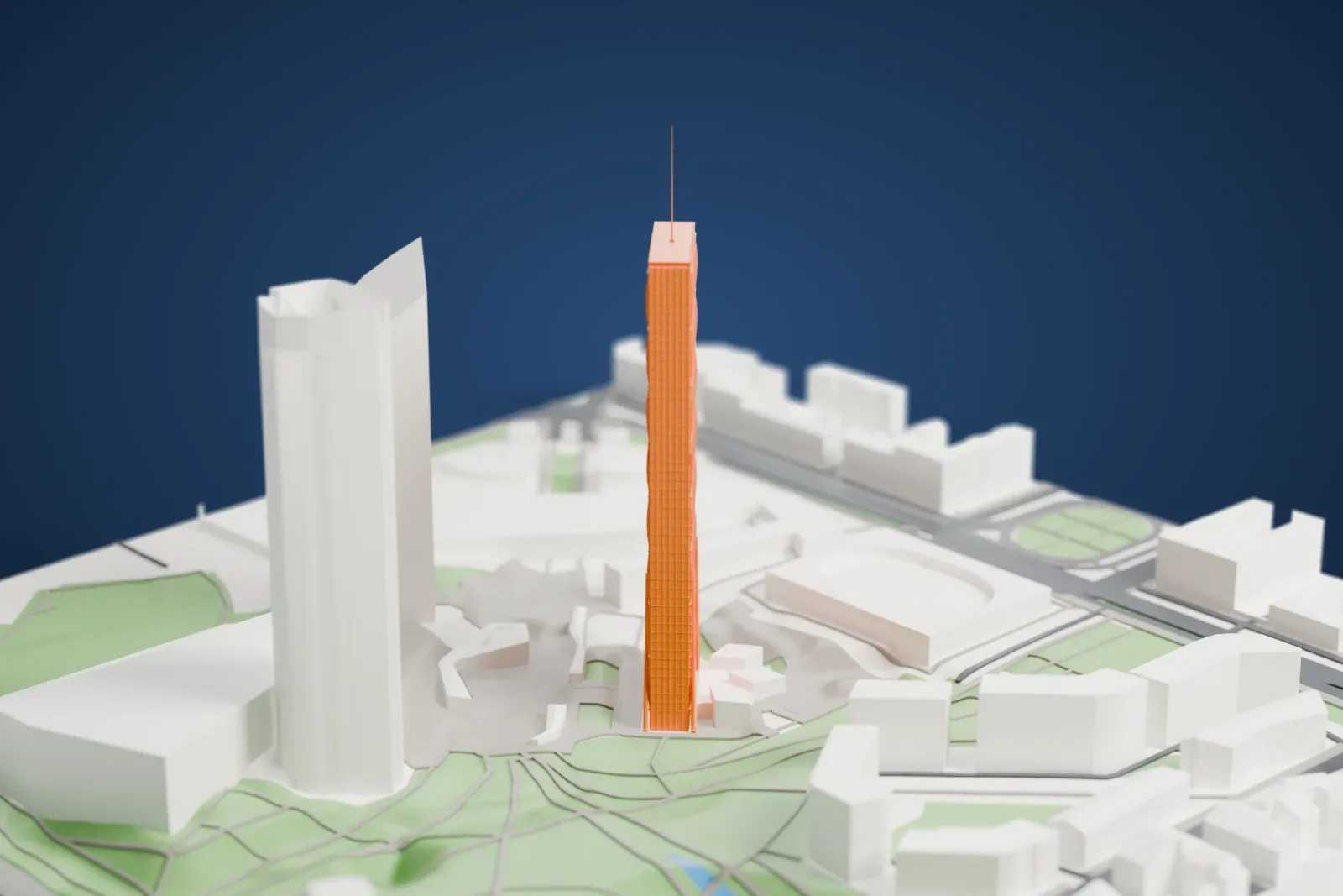 A white 3D print of Allianz Tower in Milan, with surrounding streets and buildings.