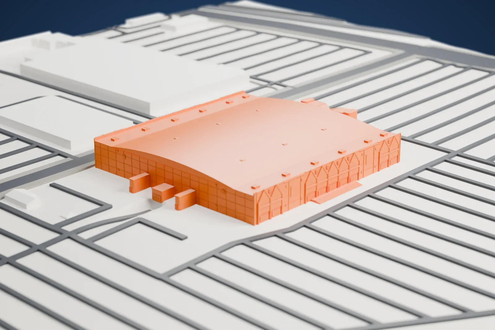 A white 3D print of Allstate Arena with a broad barrel roof, pointed glass bays and a projecting east entrance, set among surrounding streets and buildings.