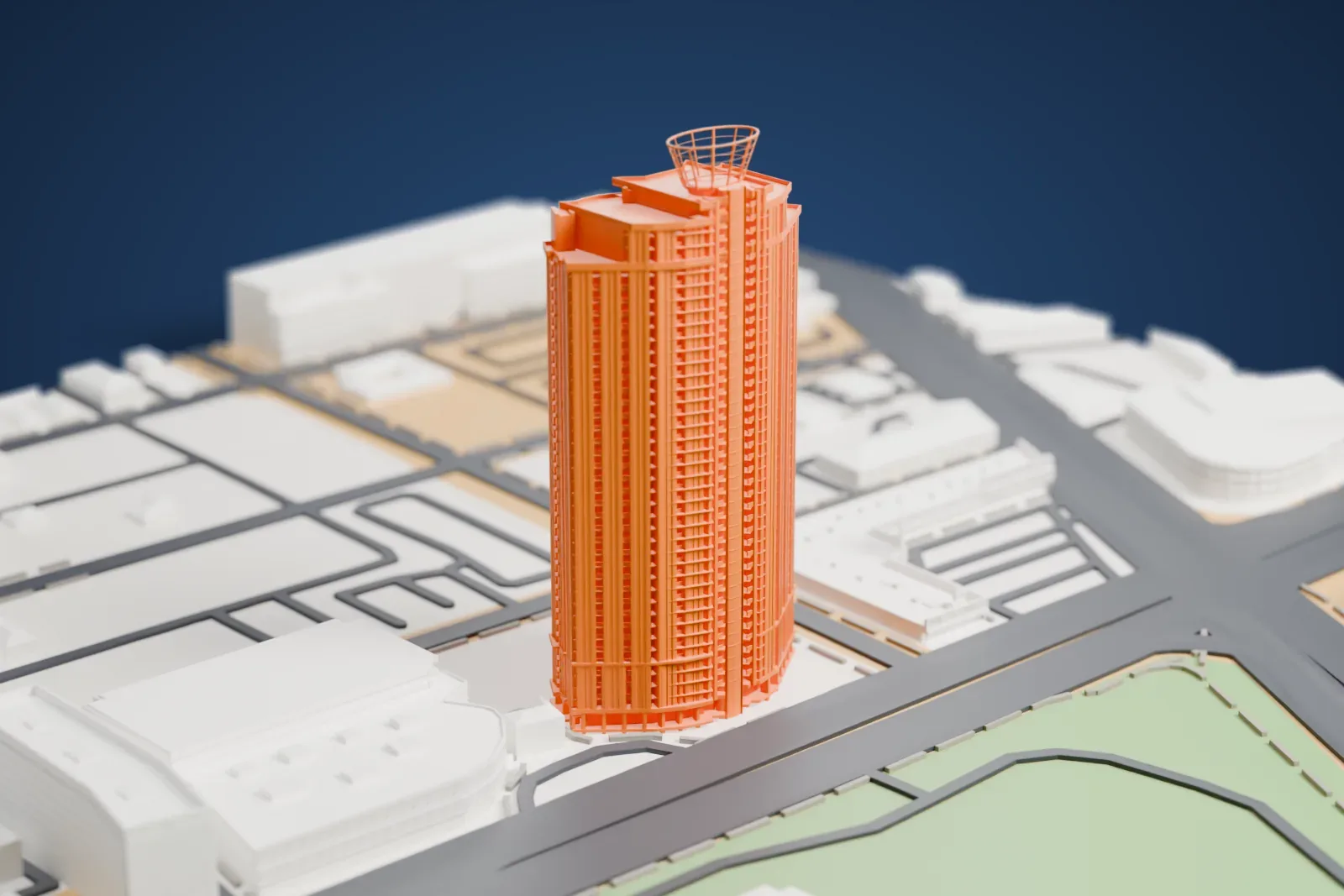 A white 3D print of Allure Las Vegas, a tall rounded tower with fine vertical lines and an open lattice crown, among low buildings, roads and a grassy lot.