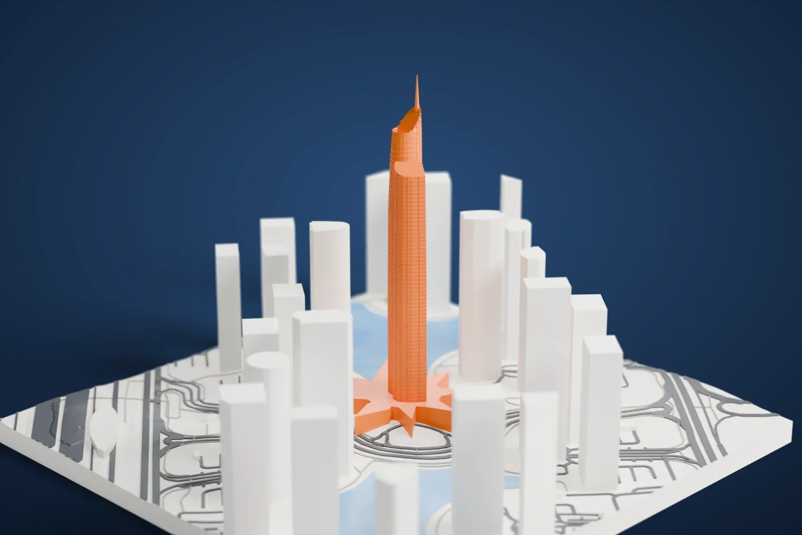 A white 3D print of Almas Tower, a tall slender skyscraper, among the surrounding buildings of Dubai.