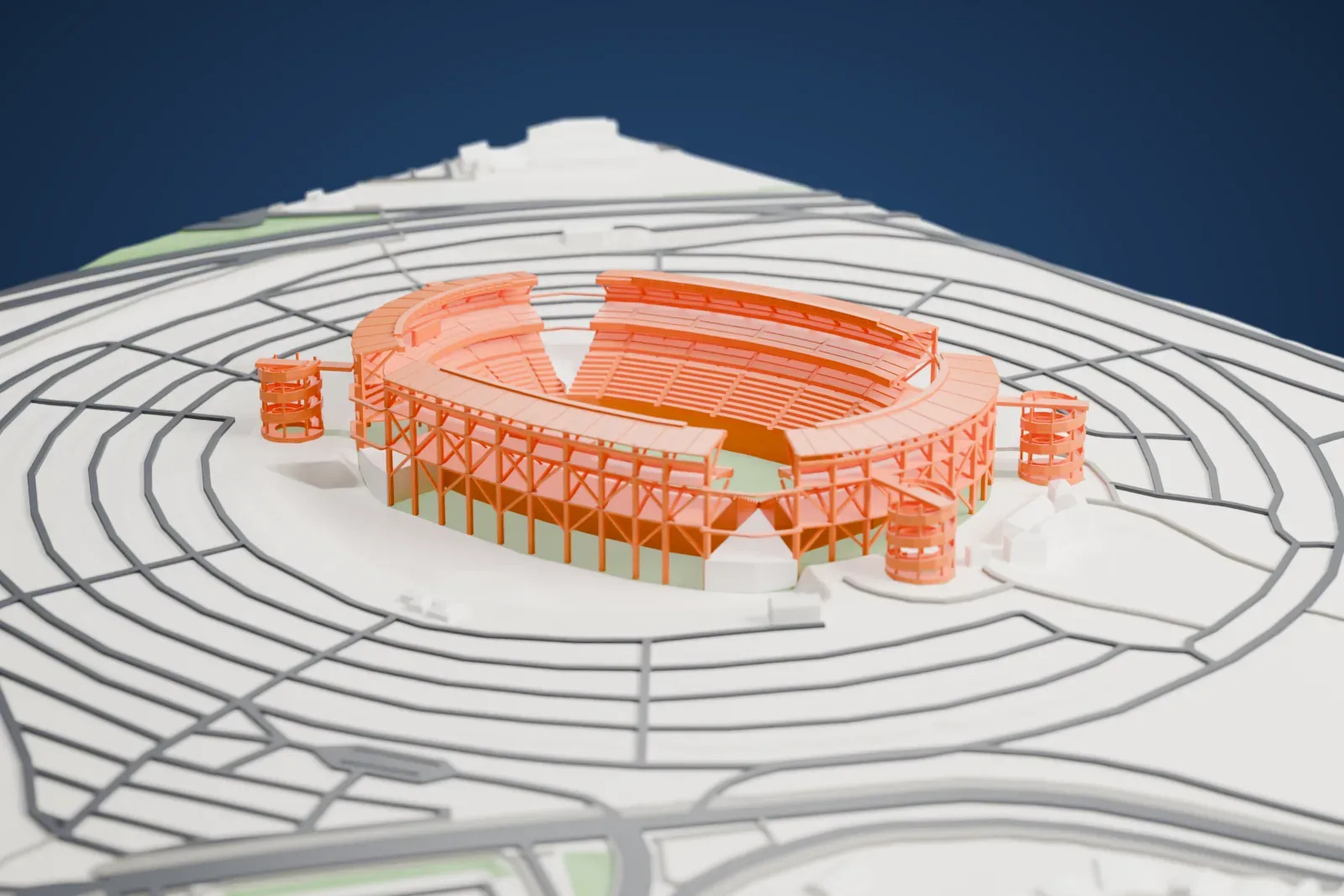 A white 3D print of Aloha Stadium with four separate roof canopies, open corner gaps and circular ramps, set among surrounding streets and buildings.