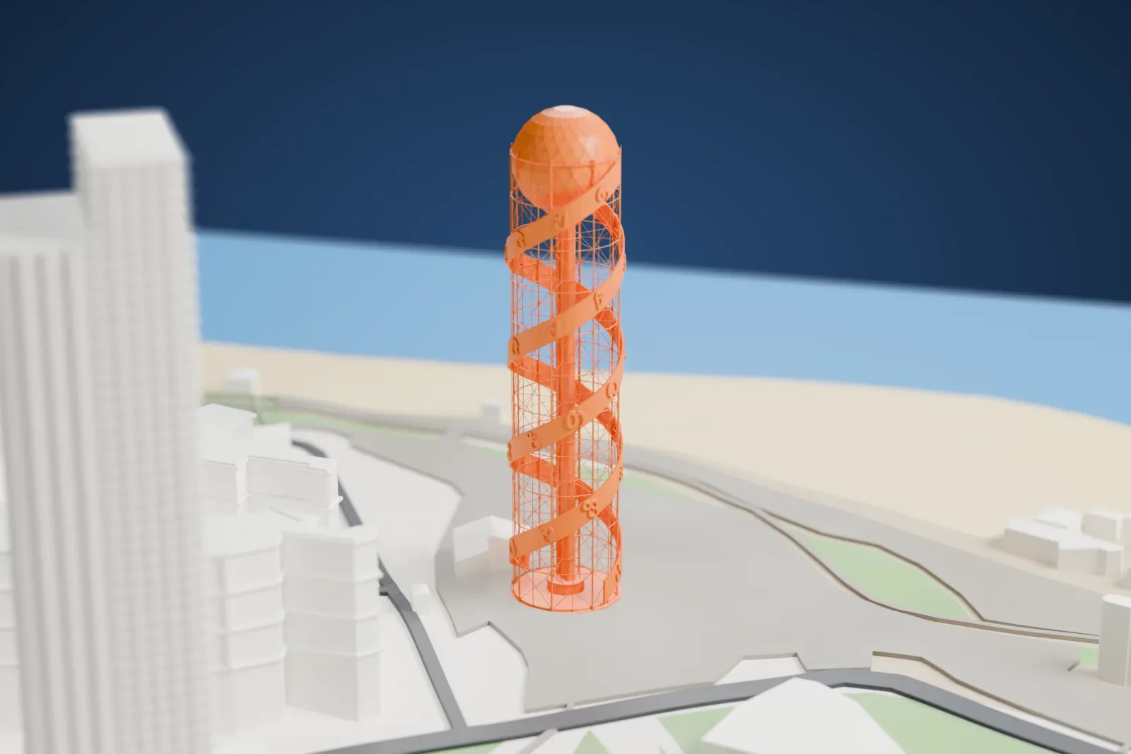 A white 3D print of the Alphabetic Tower, a tall open lattice cylinder with two spiral bands of letters and a round sphere on top, among surrounding buildings, roads and shoreline.