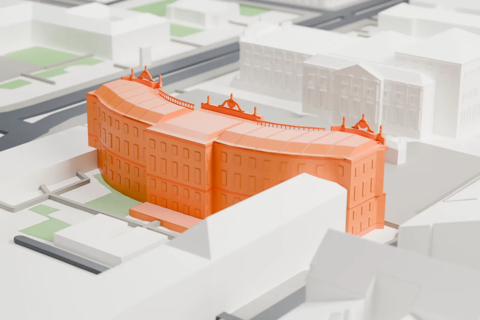 A white 3D print of the Alte Bibliothek among surrounding streets and buildings.