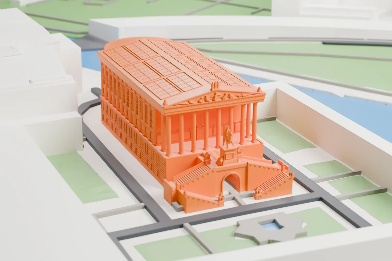 A white 3D print of the Alte Nationalgalerie, a temple-shaped gallery with an outer staircase, among the buildings of Museum Island in Berlin.